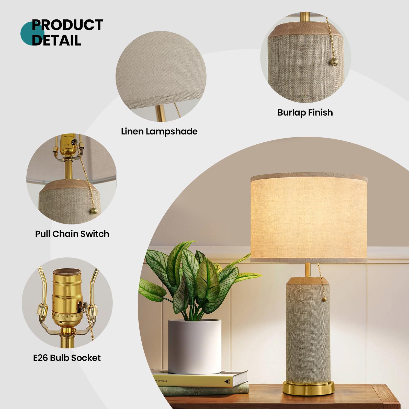 KAISITE Boho Bedside Table Lamps Set of 2, 22.4" Modern Metal Nightstand Lamp with Burlap Shade, Model 8222LP-01YB-TB