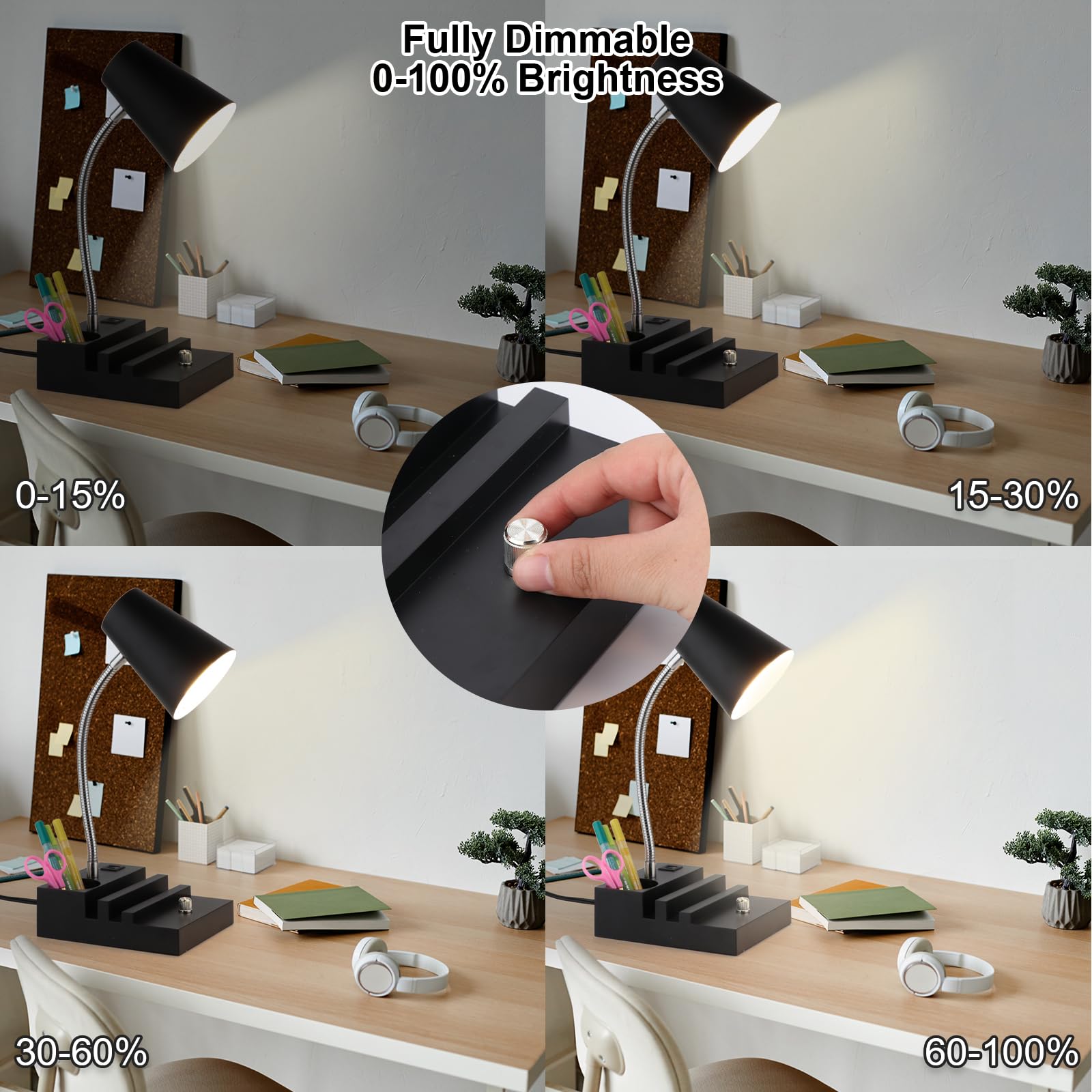 Lalisu Study Desk Lamp With Usb Charging And Type-C Night Light, Gooseneck Led Table Lamp Stepless Dimming Study Table Lamp With