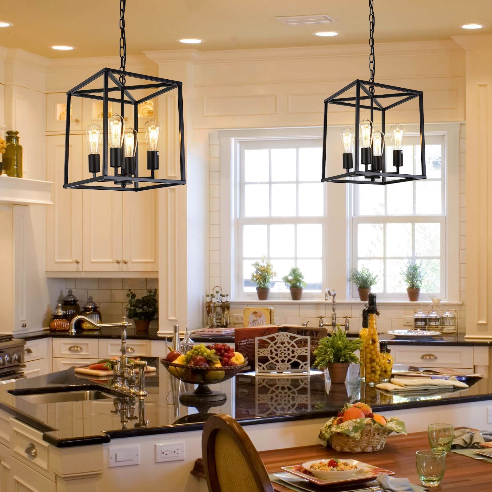 Qlxteltd 4-Light Black Farmhouse Chandelier Light Fixture Rustic Industrial Pendant Light Adjustable Metal Cage Hanging Lights F
