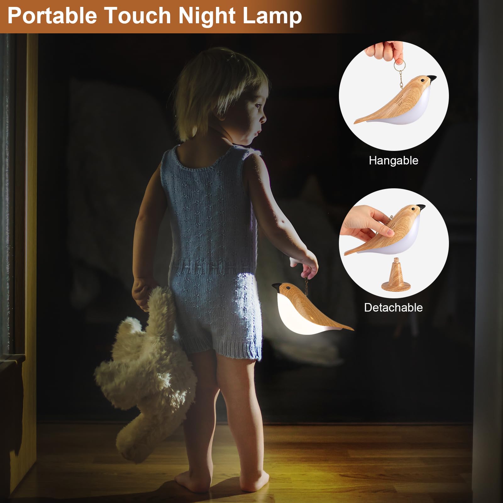 VoMii Small Bird Table Lamp, Remote Control, Timer, 3-Color Dimmable, Rechargeable, Portable, Warm/Cool Light, Model 1
