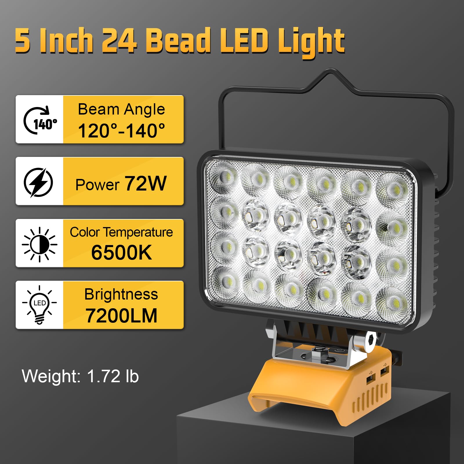Mightrench 72W LED Work Light, 7200LM, Compatible with Dewalt 20V Battery, ABS, Yellow, Model DLED01, Adjustable 140°
