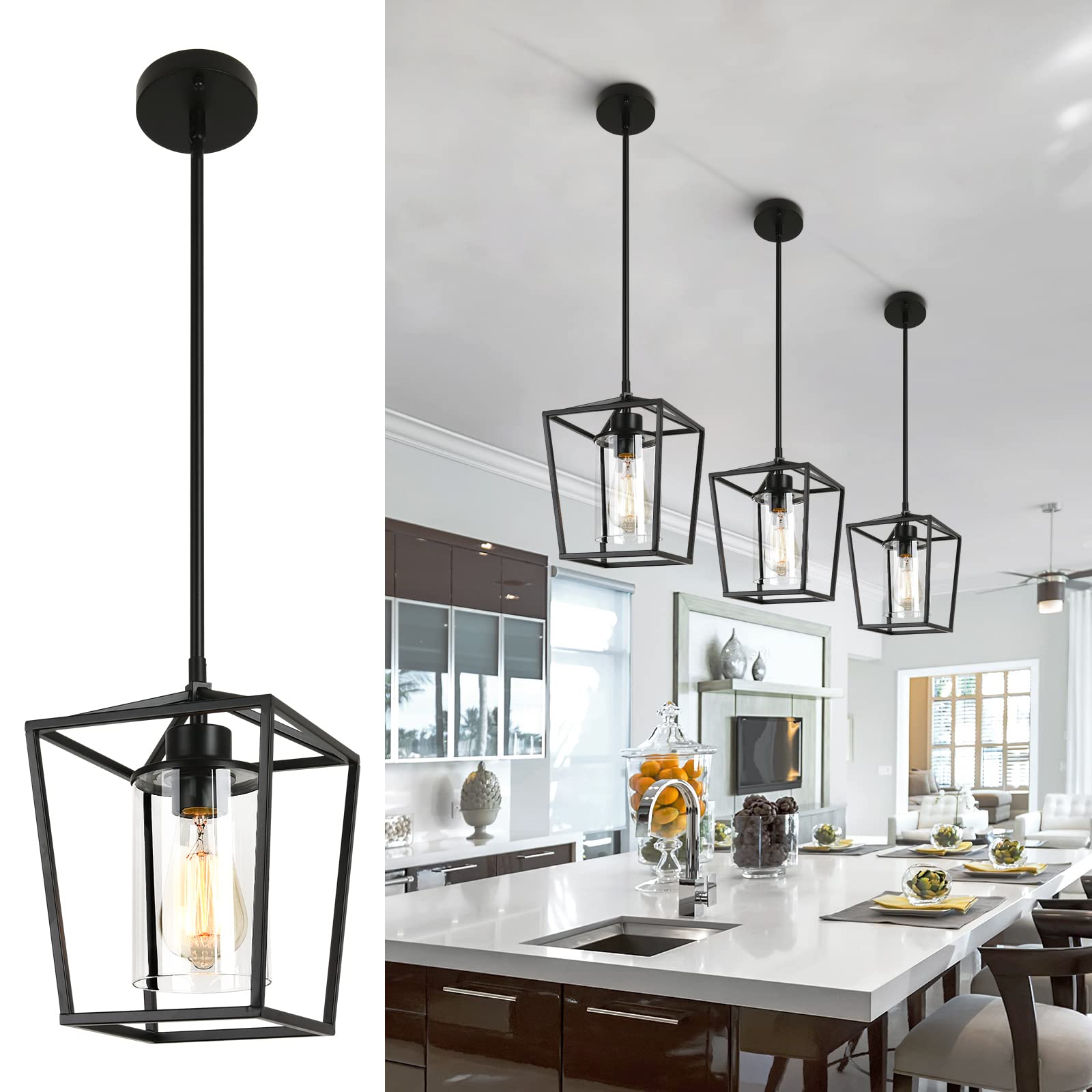 Gzjunyo 1-Light Black Pendant Light Fixture Farmhouse Iron Cage Metal Pendant Light Lantern Hanging Light Fixtures With Clear Glass Shade For Kitchen Island, Entryway, Dining Room, Hallway