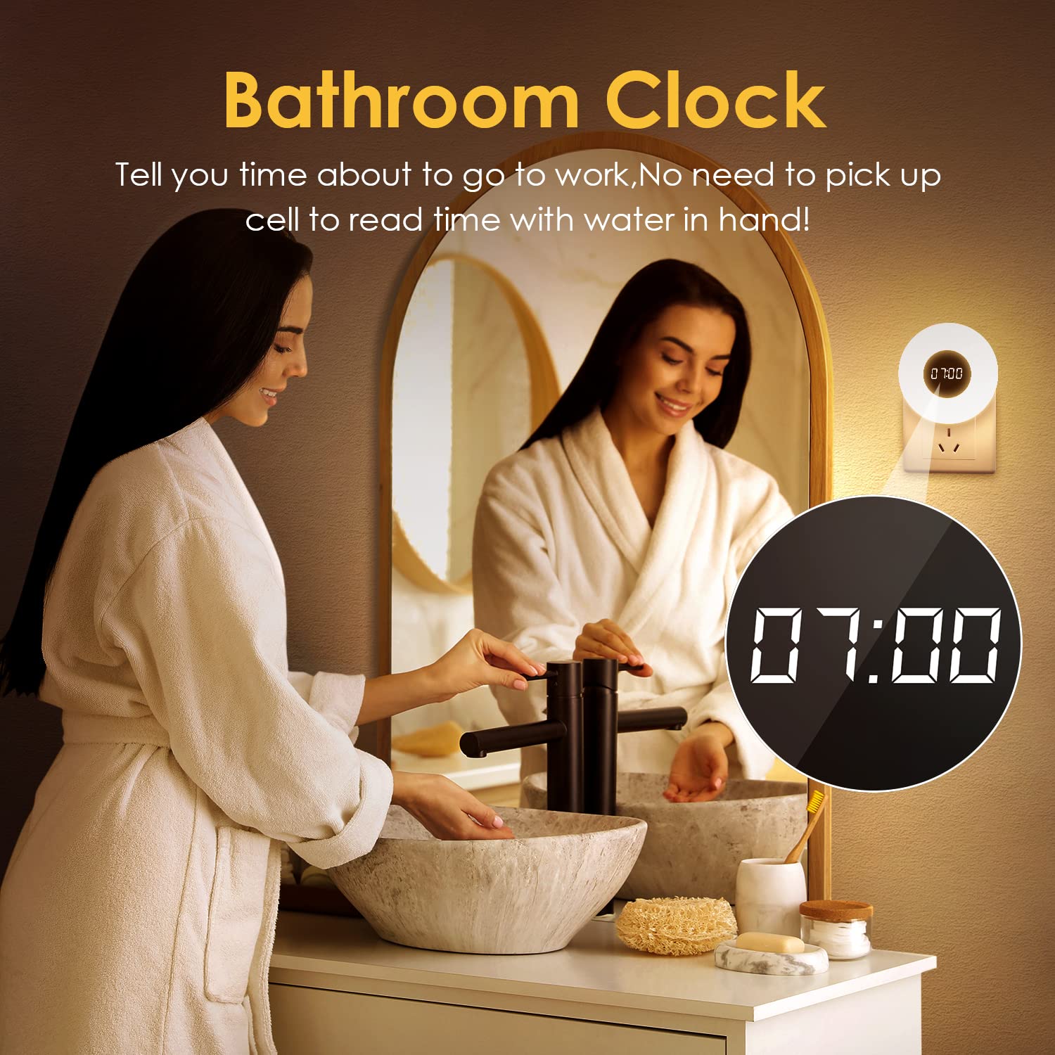 One Fire Night Light, 2PCS LED Plug-in Night Lights with Timer & Remote, Dimmable Bathroom Clock, 3 Light Colors, Acrylonitrile Butadiene Styrene