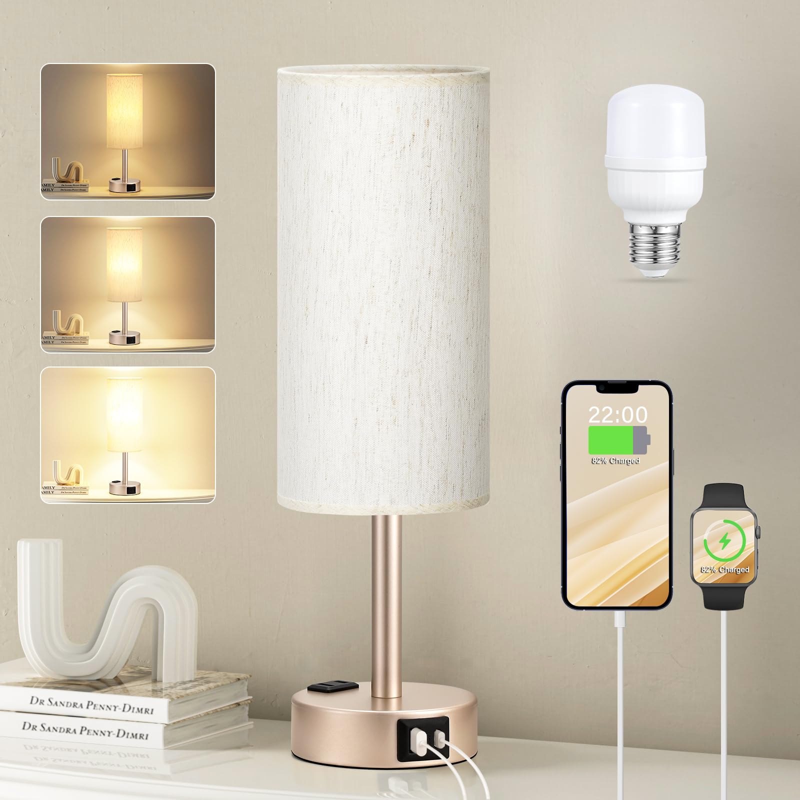 Fenmzee Bedside Table Lamp for Bedroom - 3 Way Dimmable Touch Lamp USB C Charging Ports and AC Outlet, Small Lamp Gold Base Roun