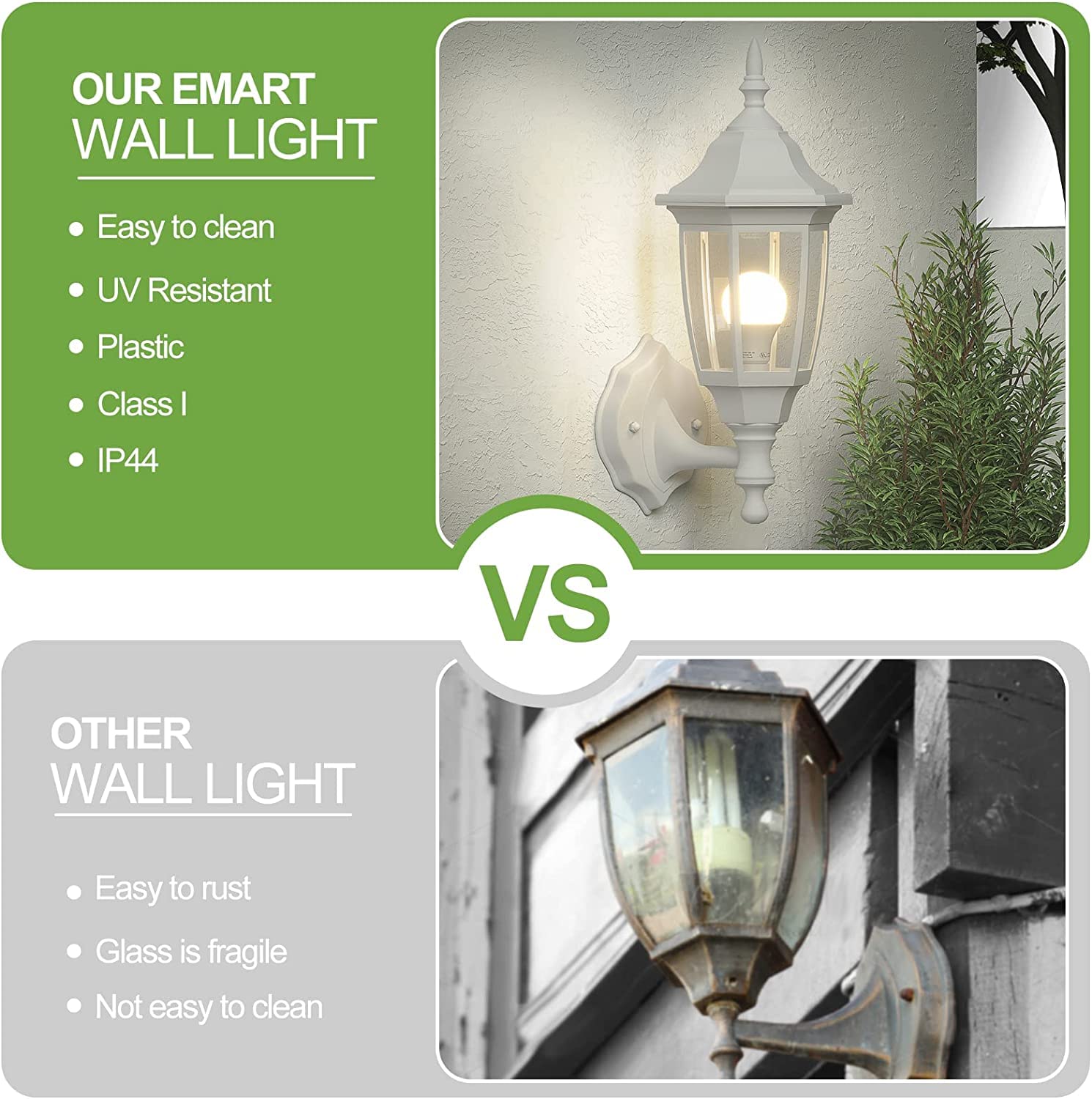 EMART Outdoor Porch Light - Waterproof Wall Mount Lantern, Anti-Corrosion Plastic, White, No Sensor, Model EM-WGL-2 (Bulb Included)