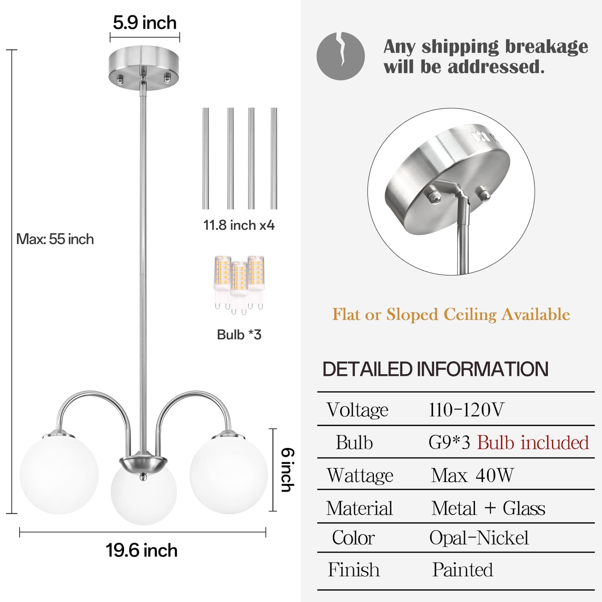Bagood Nickel Globe Pendant Light 3 Lights Modern Sputnik Chandelier 19.6    Mid Century Modern Light Fixture With Milk Glass Gl