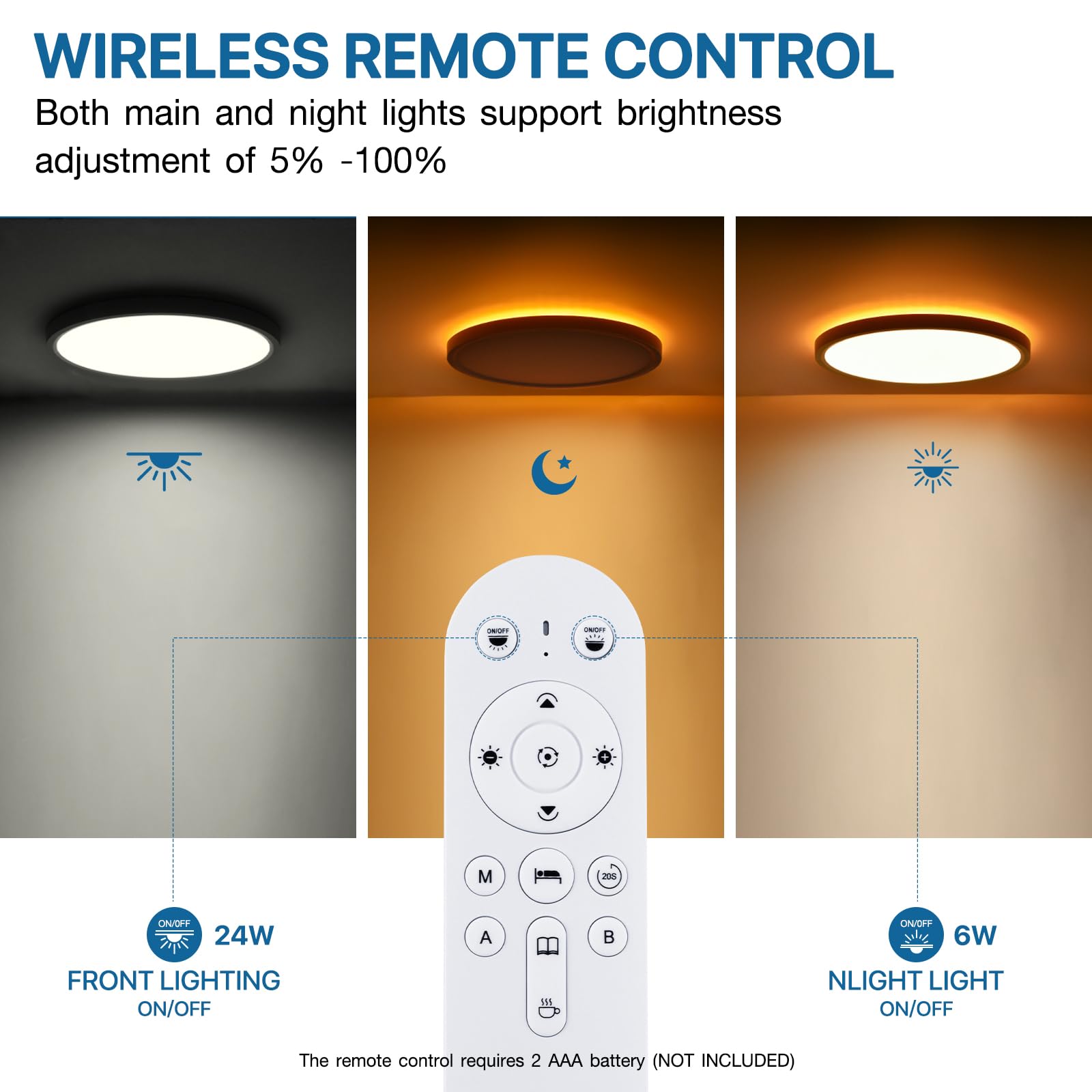 12Inch 1Pack Flush Mount Led Ceiling Light With Remote Control,Dimmable 2000K Warm Nightlight For Bedroom,24W 3000K-6500K Color