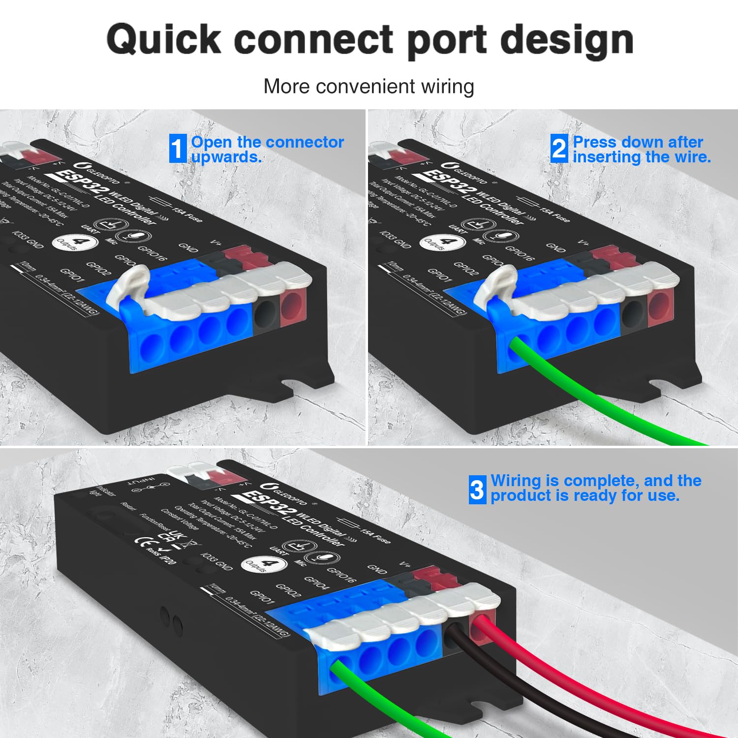 Sogledwow ESP32 WLED LED Strip Controller 15A Fuse 4 Channel Black GL-C-008WL