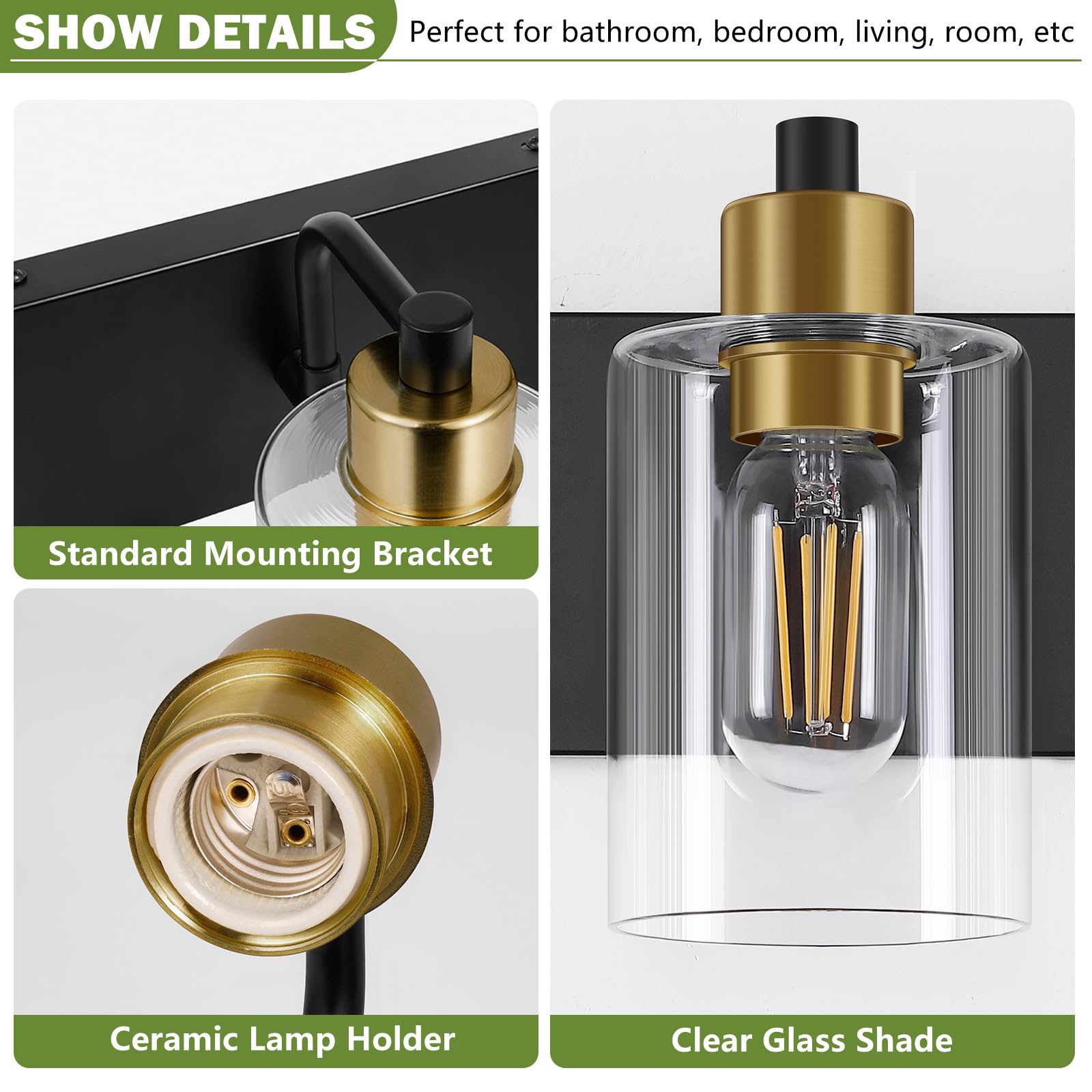 Dpyrrhic 3-Light Bathroom Light Fixtures, Matte Black and Gold, Metal, JD-188, Modern Wall Sconces with Clear Glass Shade