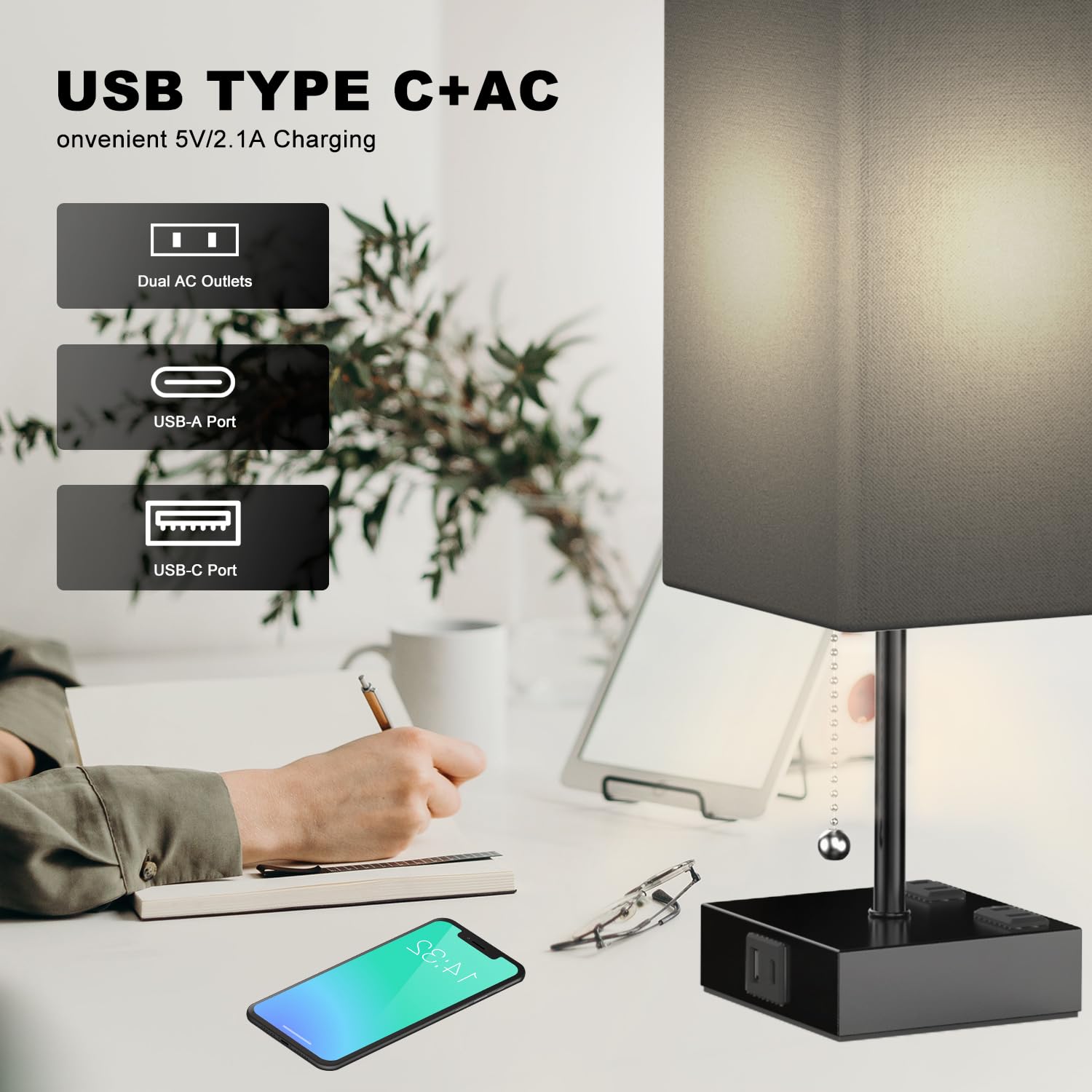 YIDPU Table Lamp with USB Charging Ports, Adjustable 3-Color LED Light, Fabric Shade, Linen Black, 1PCS