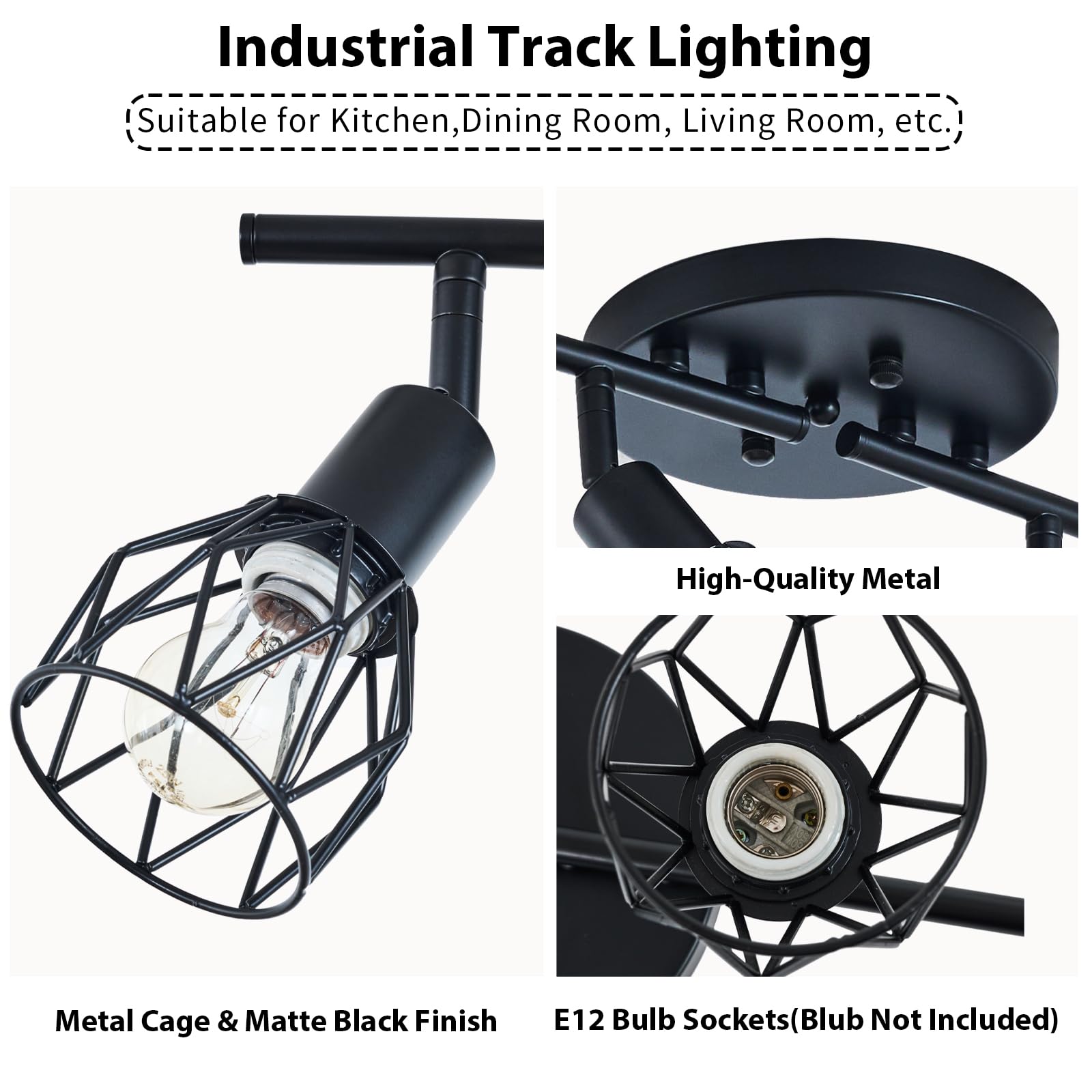 Track Lighting Kit  4-Light Adjustable Multi-Directional Ceiling Light Fixtures  Vintage Black Metal Wire Cage Farmhouse Light Fixtures Ceiling Mount For Kitchen Dining Table Hallway Bathroom Bedroom