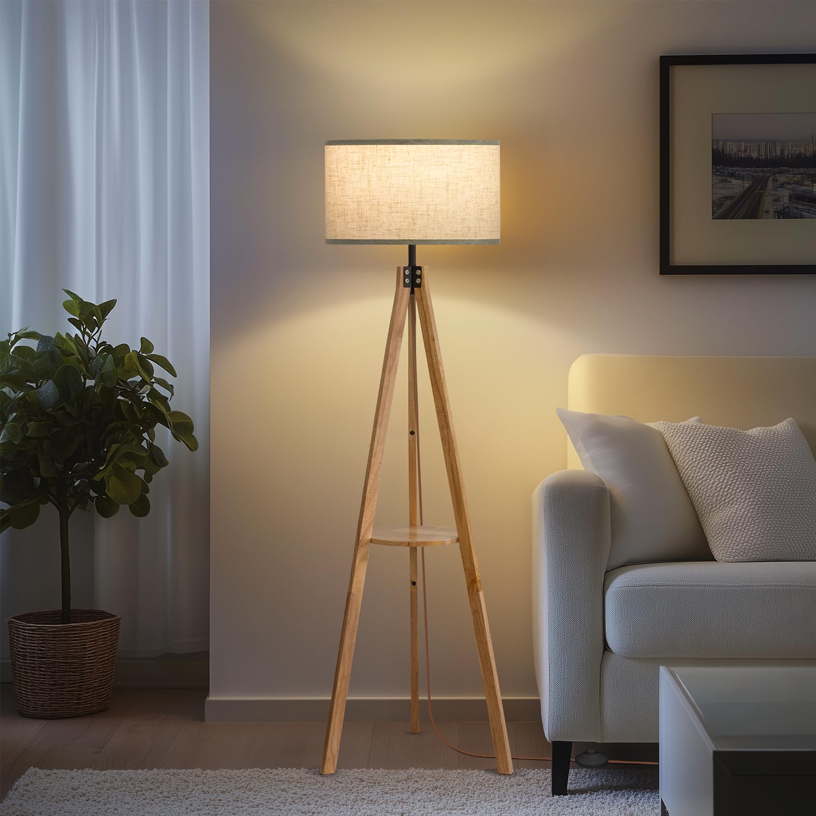 EOEYYOYB Modern Floor Lamp with Shelf, 3 Color Temperatures, Metal, Burlywood, Square Table Legs