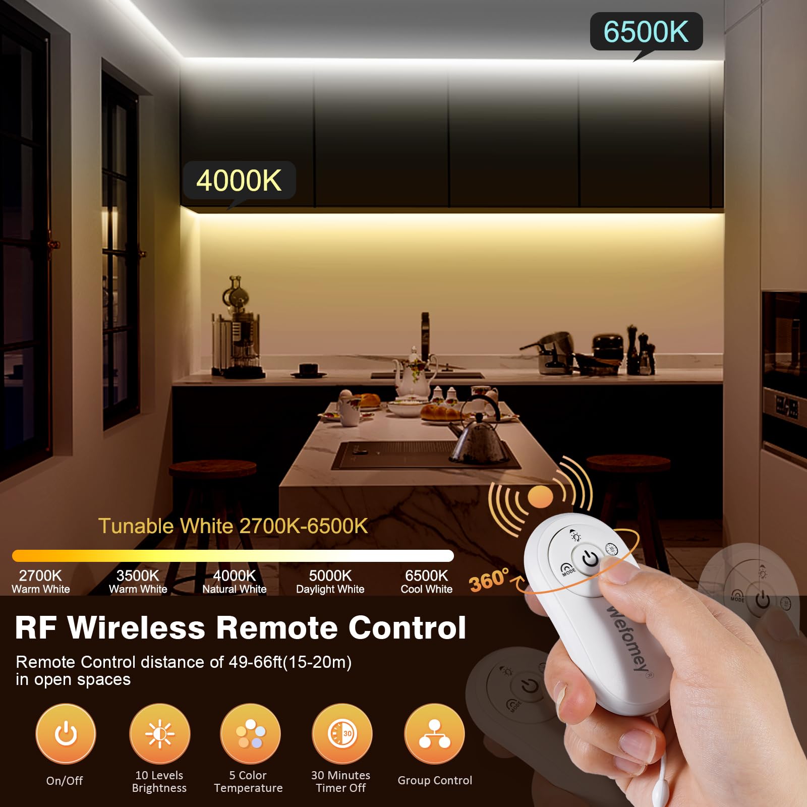 Wefomey COB LED Strip Light, Dimmable 2700K-6500K, 32.8ft, 6080 LEDs, Flexible Plastic Tape for Under Cabinet, Bedroom,