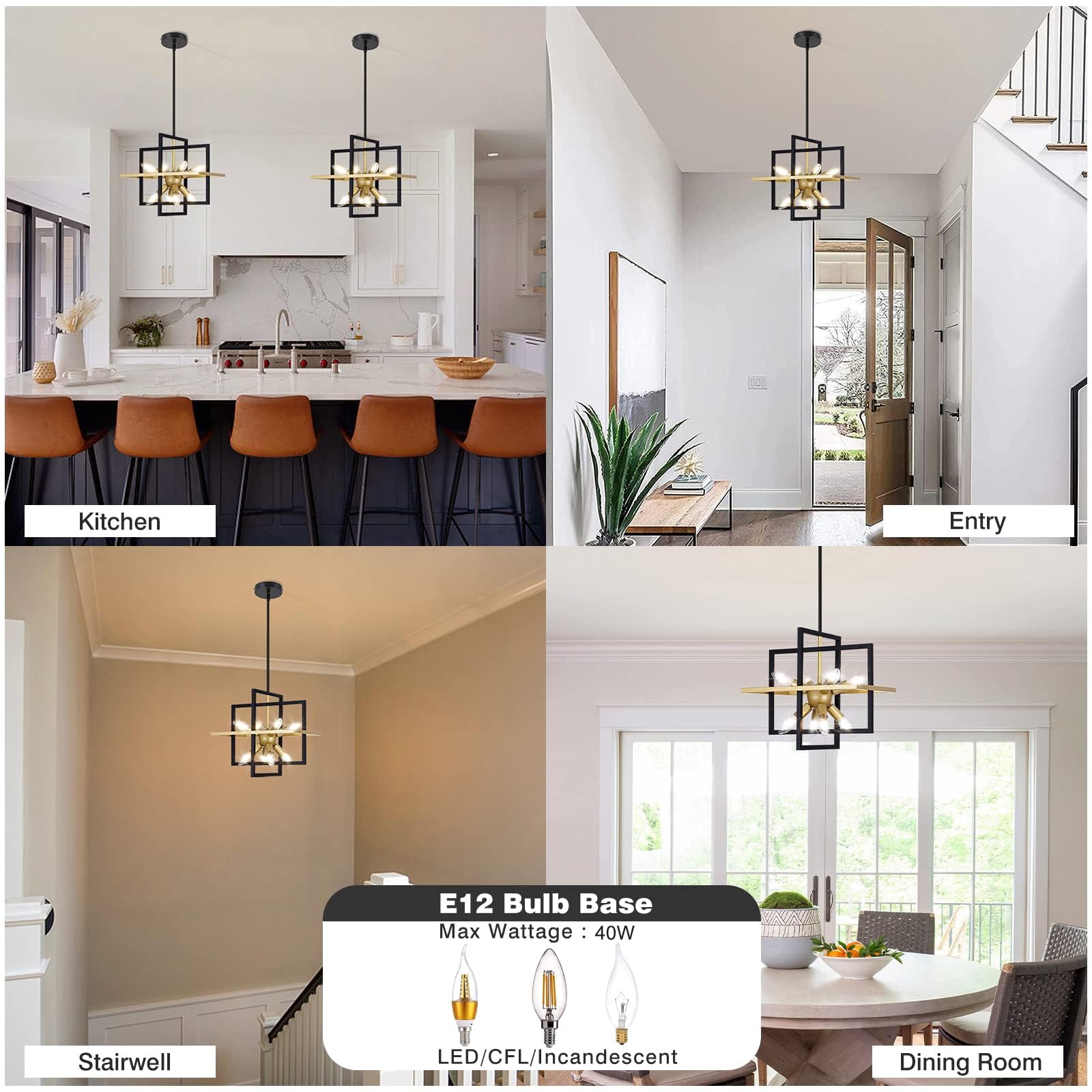 Goomavi Small Modern Lantern Chandeliers, Geometric Black Gold Pendant Light Fixture, 8-Light Industrial Hanging Chandelier For