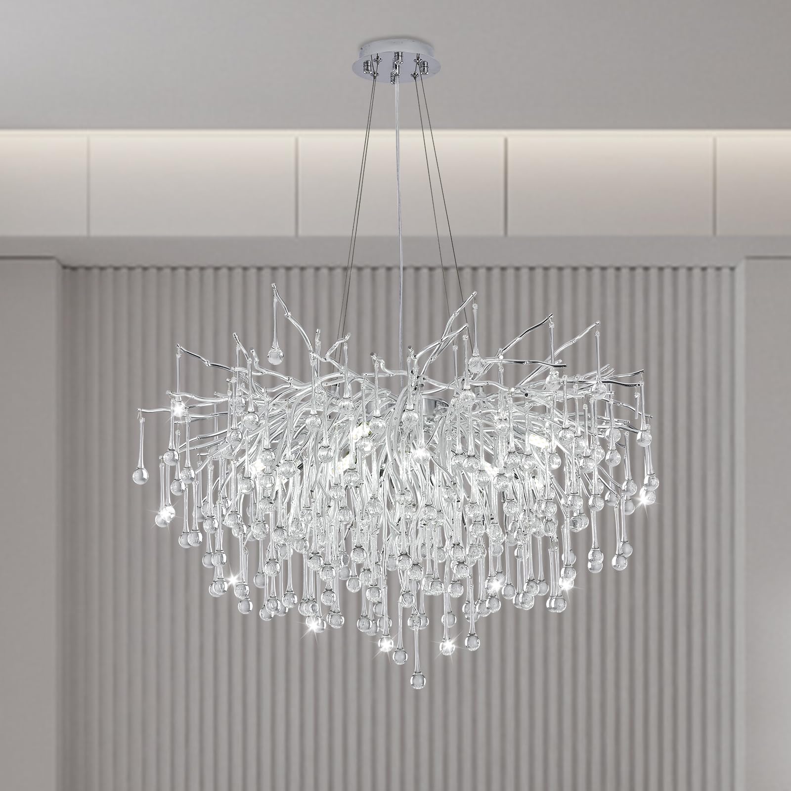 Niuzdu Chandeliers For Dining Room - 23.6'' Modern Silver Crystal Chandelier, Round Tree Branch Raindrop Chandelier, Foyer Chand