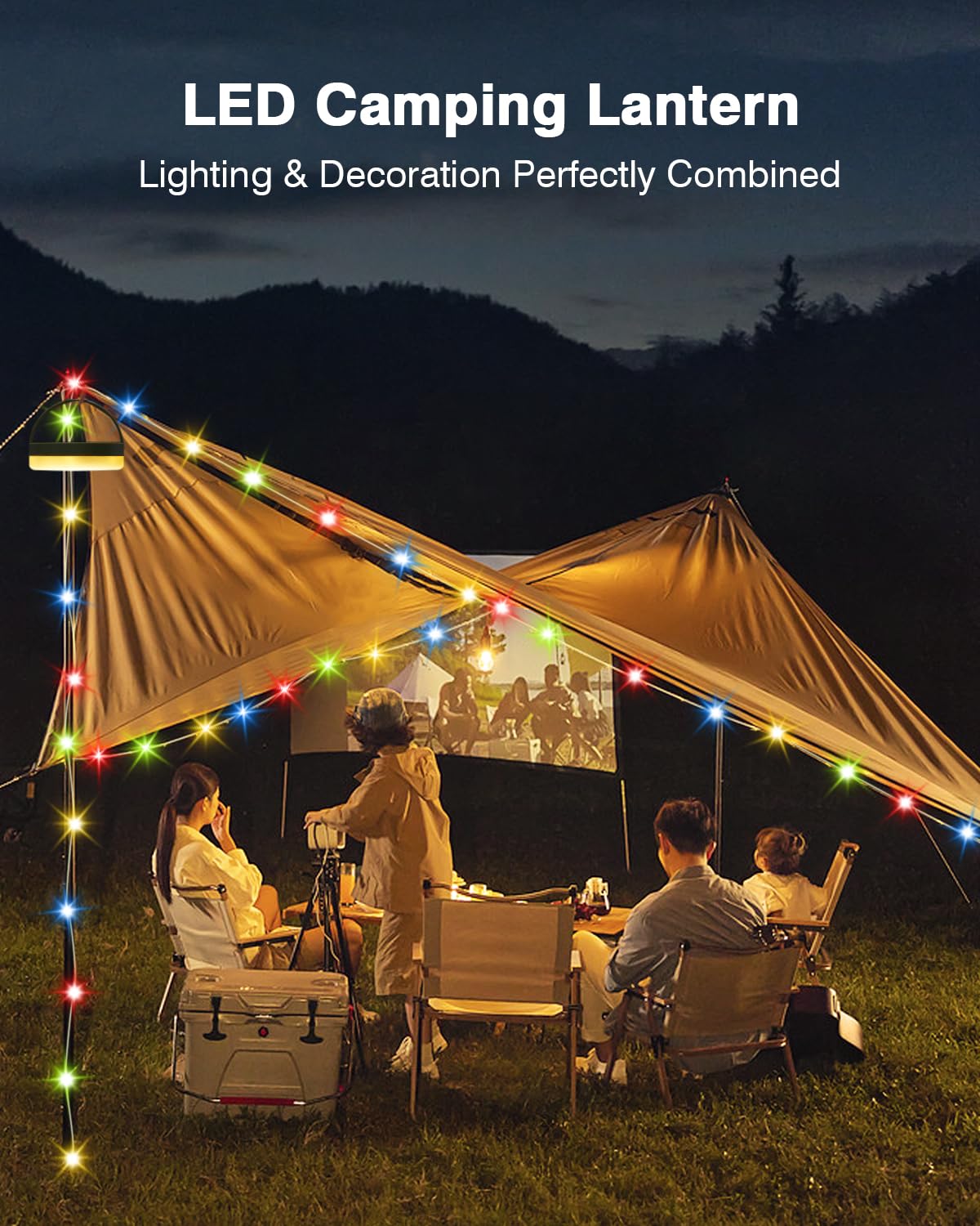 TuoPuLife Camping String Lights, 32.8FT, 130LEDs, Waterproof, Warm White + RGB, Model Campinglight004