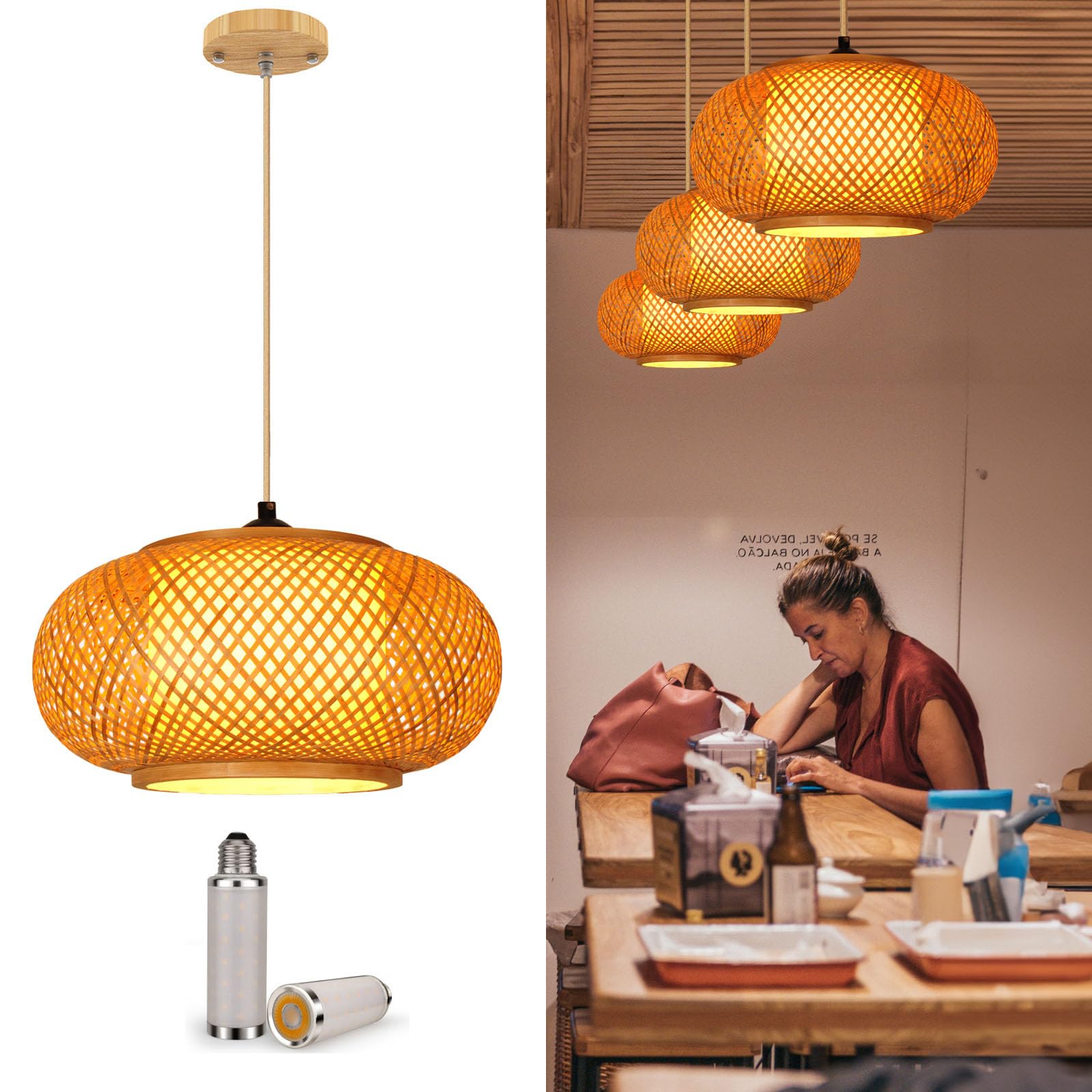 Yiizon Pendant Light Fixture With Hand Woven Bamboo Lamp Shade Hanging Light Fixtures Boho Wicker Rattan Ceiling Lights For Dinning Living Kitchen Island Room Bedroom