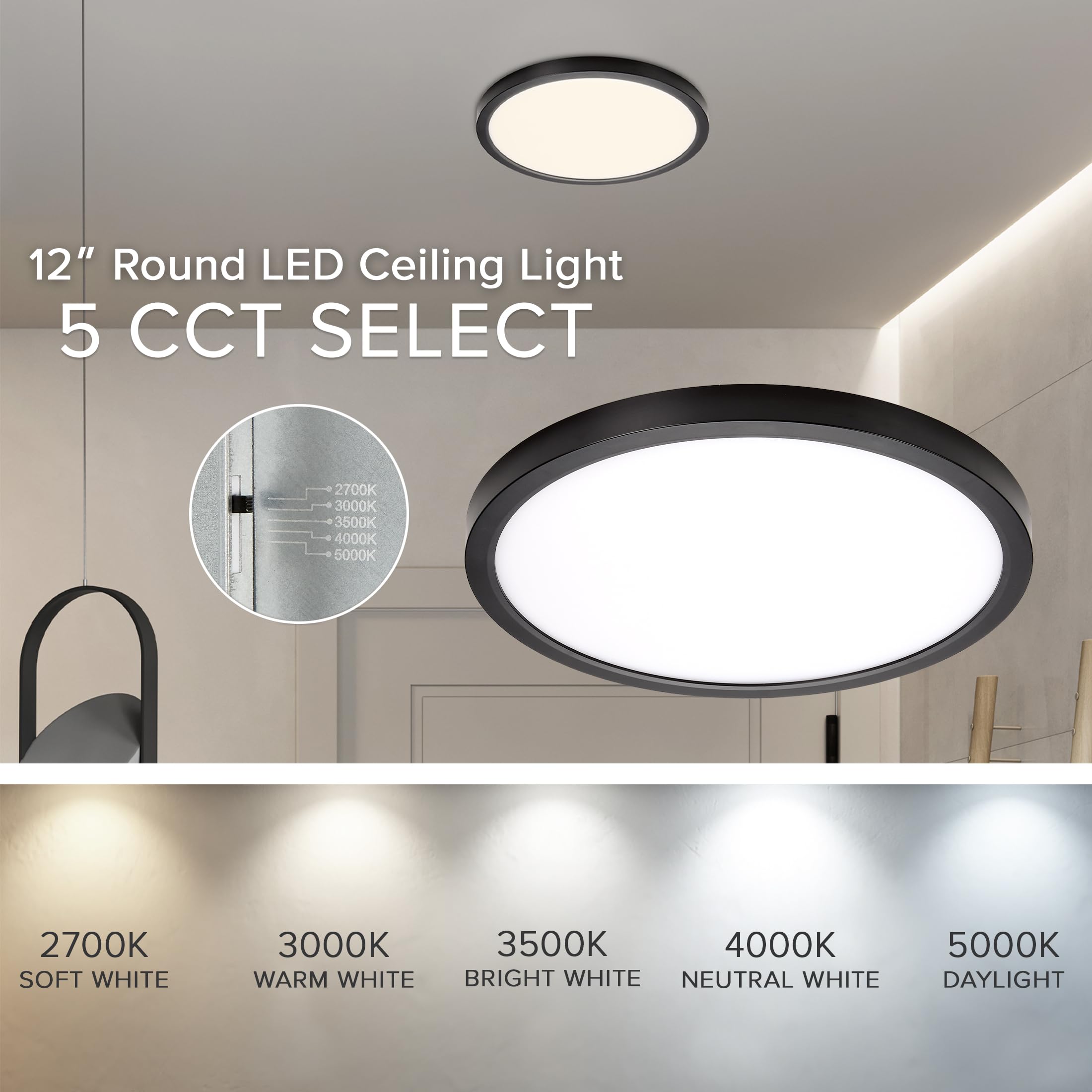 Maxxima 12 In. Led Flush Mount Ceiling Light, 2200 Lumens, 5 Cct 2700K/3000K/3500K/4000K/5000K Panel Light, Black Trim Round Fix