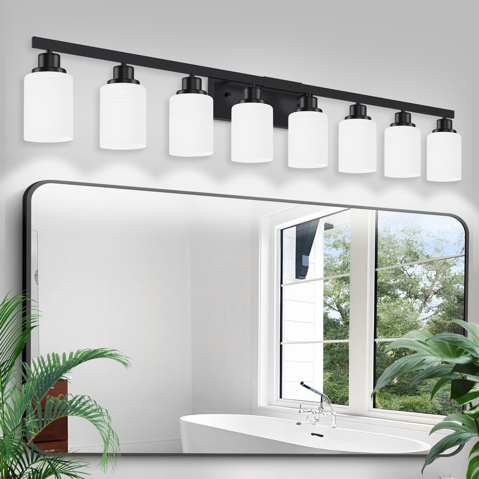 Dikaida 8-Light Bathroom Light Fixtures Over Mirror, 52Inch Modern Matte Black Vanity Lights With White Frosted Glass Shade, Bat