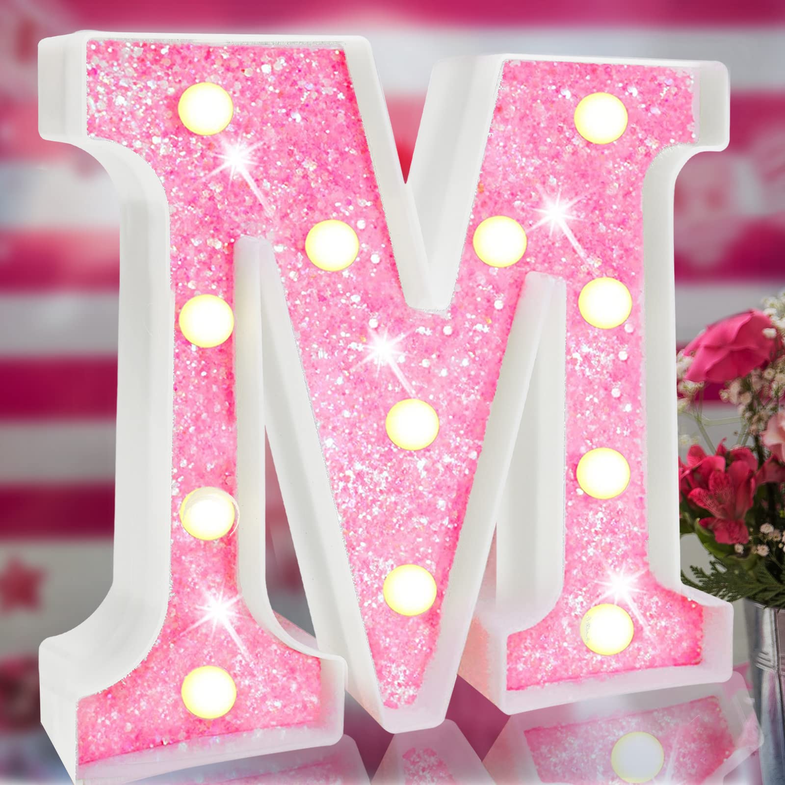 Elnsivo Light Up Glitter Alphabet Letter Sign Pink LED Marquee Night Light for Girls Bedroom, Party, Wedding, Christmas - Pink M