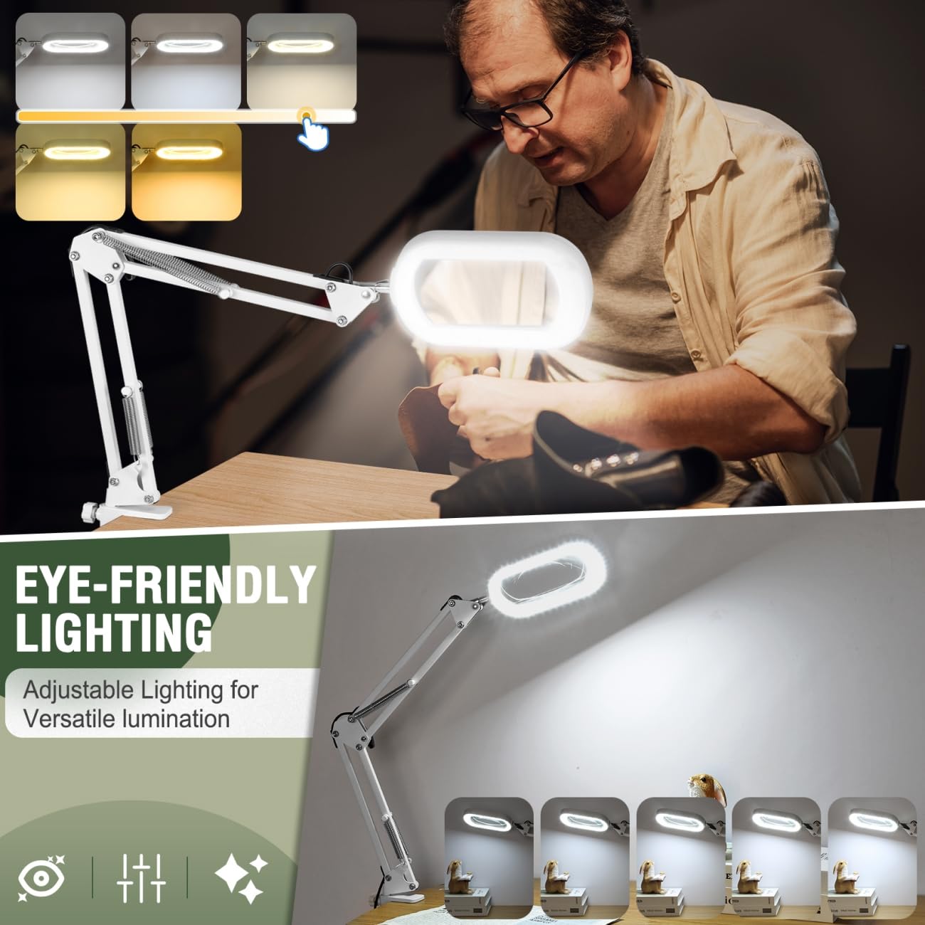 Veemagni 10X Rectangle Magnifying Glass With Light And Stand, 5 Color Modes Stepless Dimmable, 2-In-1 Led Lighted Desk Lamp & Cl