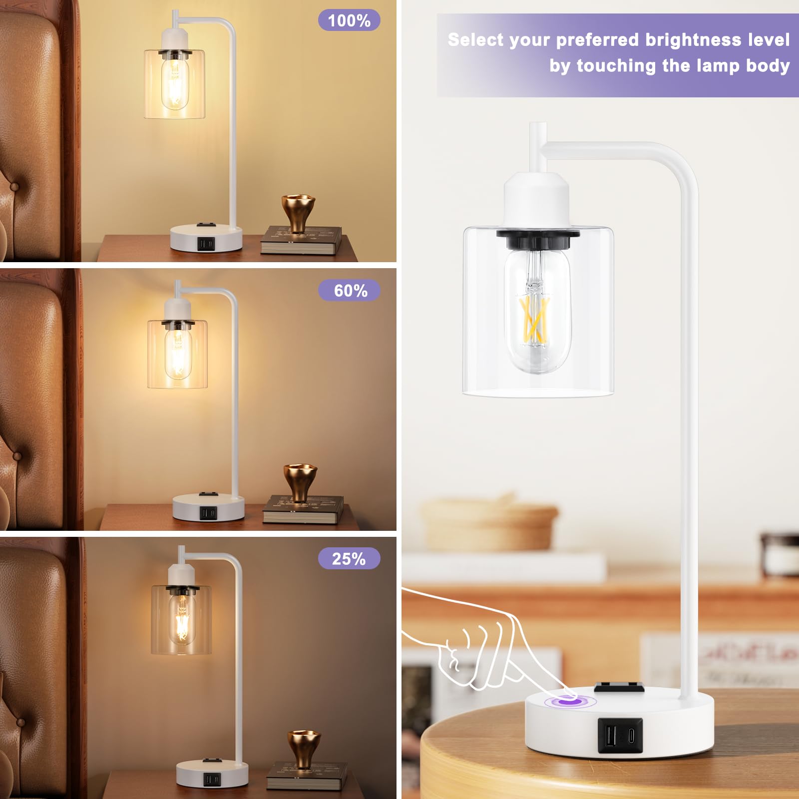 Innqoo Industrial White Table Lamps For Bedrooms Set Of 2-3-Way Dimmable Desk Lamp With Usb C+A Ports And Outlet, White Lamps Wi