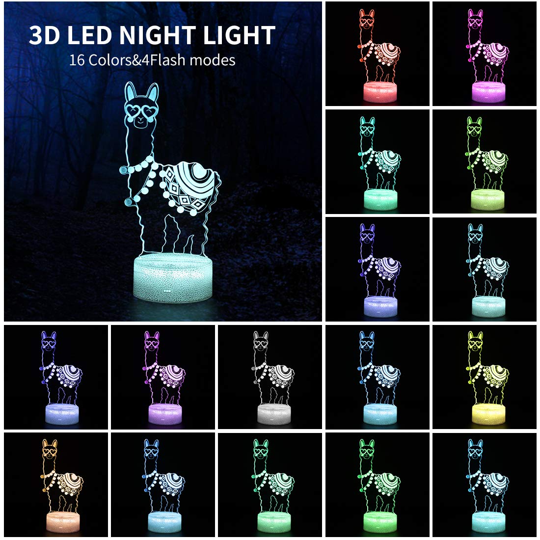 Hoofun 3D Llama Night Light, Acrylic, Remote Control, 16 Colors, Model AZ-PWM0-YANGTUO, Love Heart Design