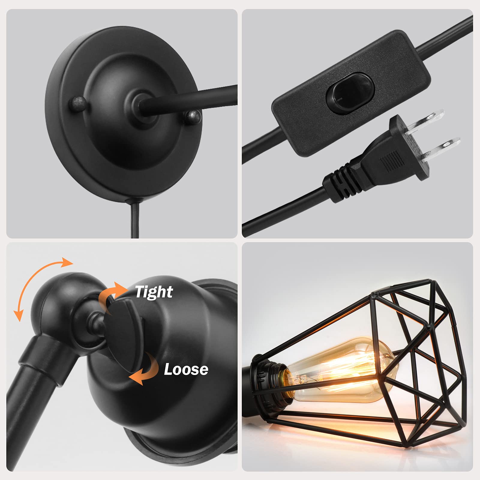 WimiSom Plug in Wall Sconce, Industrial Metal Lamp with On/Off Switch, Black, 2 Pack
