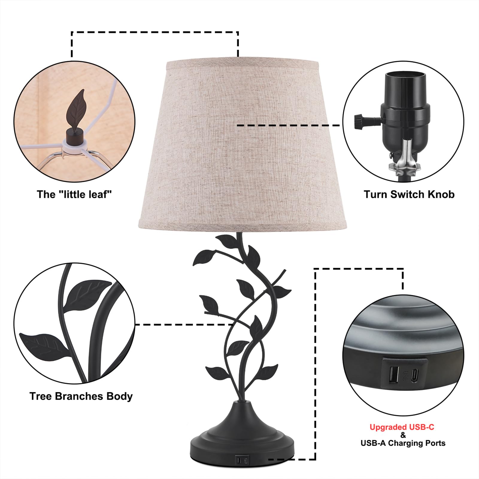 Kakanuo USB Charging Bedside Lamp - Traditional Retro Desk Lamp with USB-A/C Ports, Beige, Model MKTBA