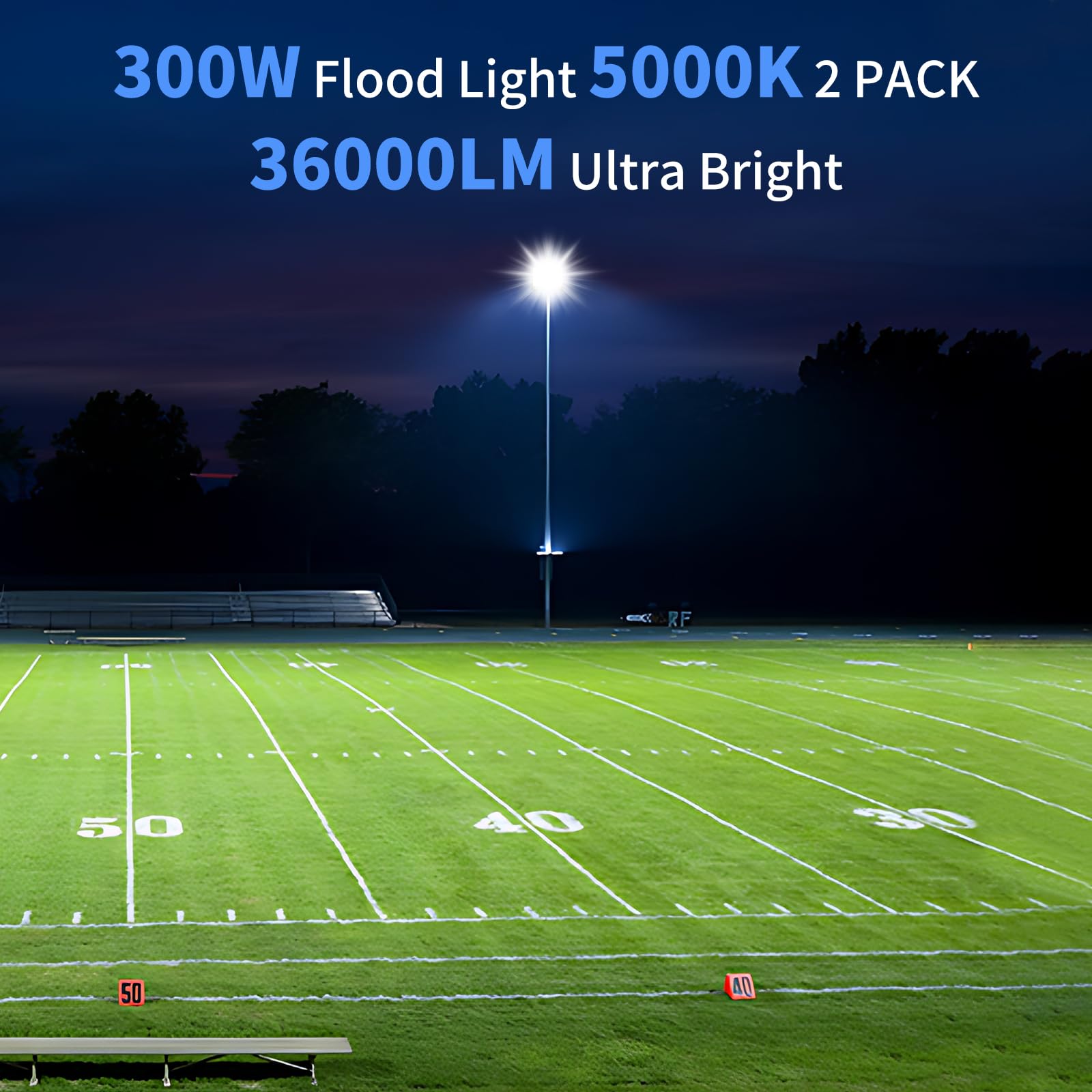ISUERFY 300W LED Flood Light, 36000LM, IP66 Waterproof, 5000K Daylight White, Outdoor Plug-in, 2 Pack, Black/Clear