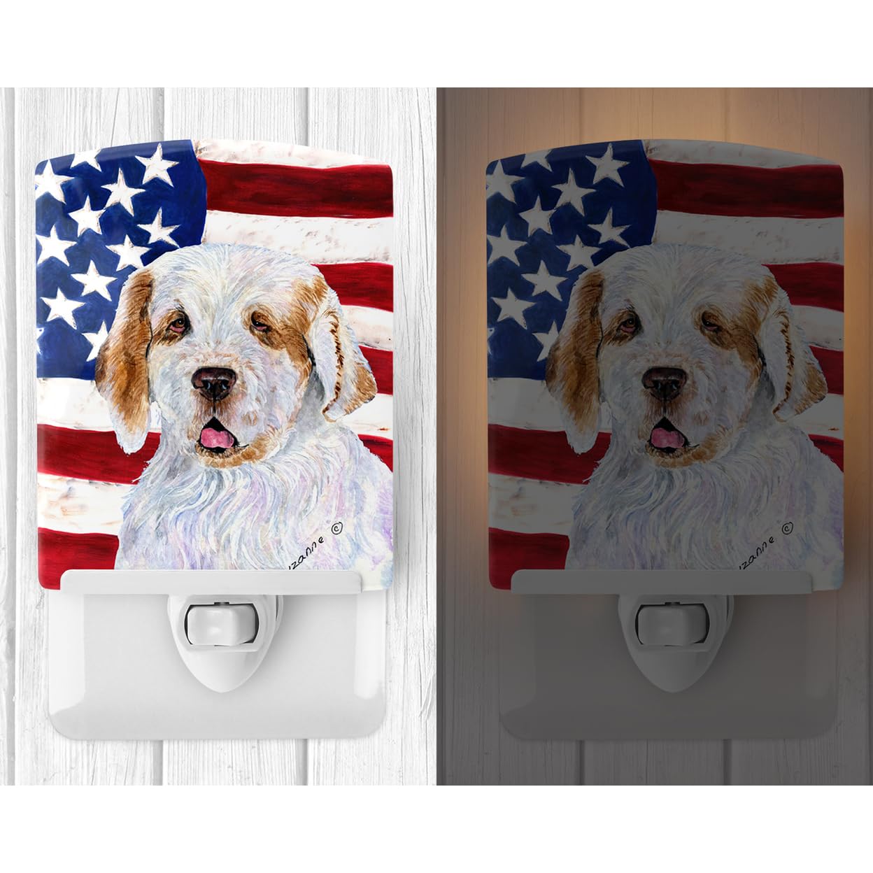 Carolines Treasures Ceramic Night Light, USA American Flag, Clumber Spaniel, 6x4x3in, Multicolor, Model SS4027CNL