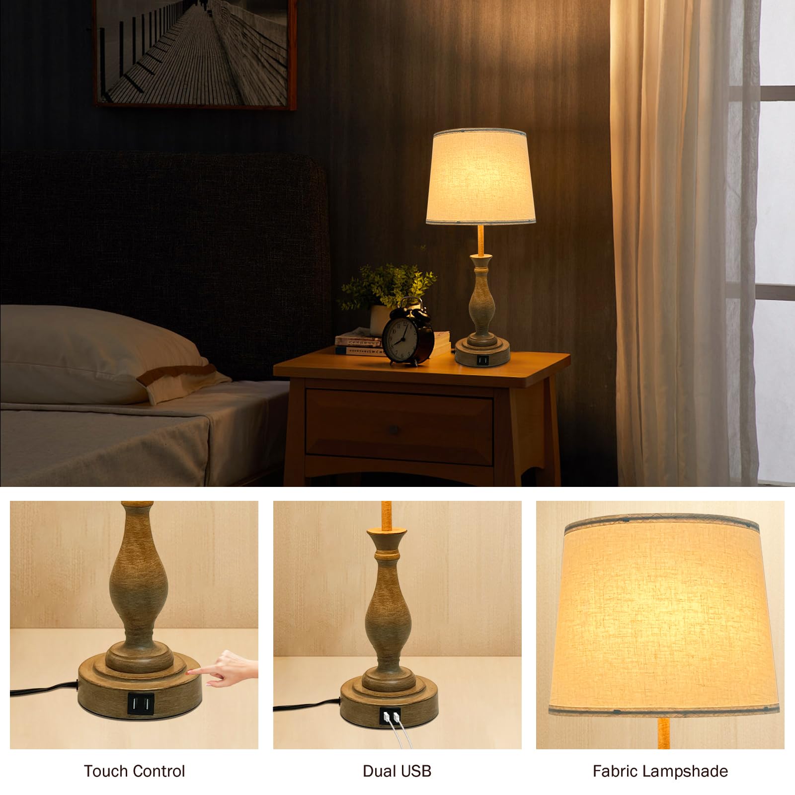 Farmhouse Table Lamp Touch Control 3-Way Dimmable Table Lamp, Modern Nightstand Lamp With 2 Usb Port Bedside Desk Lamp With Fabr