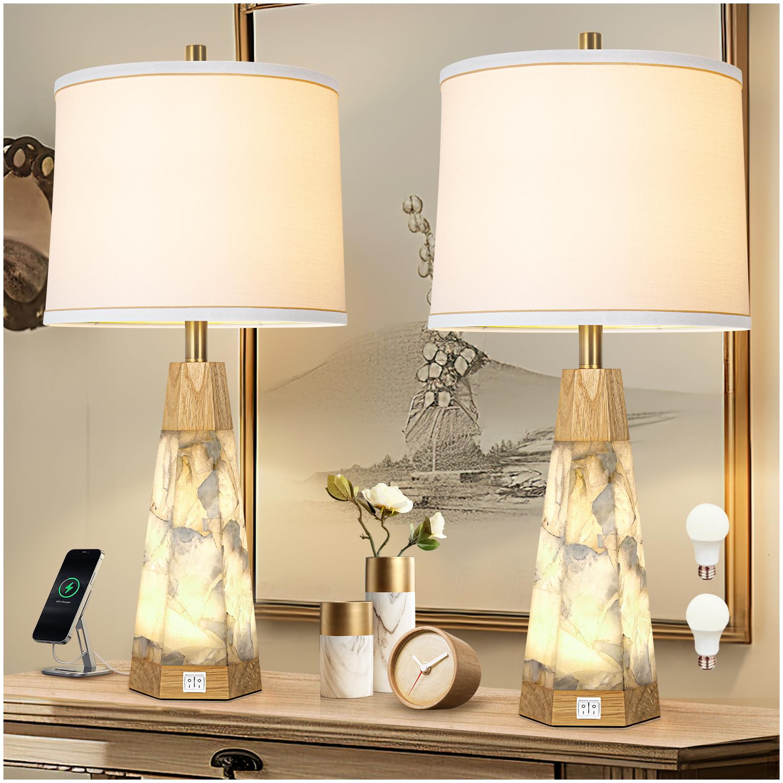 Kivditzo Natural Alabaster & Wood Table Lamp Set Of 2 With Usb Ports & Linen Shade