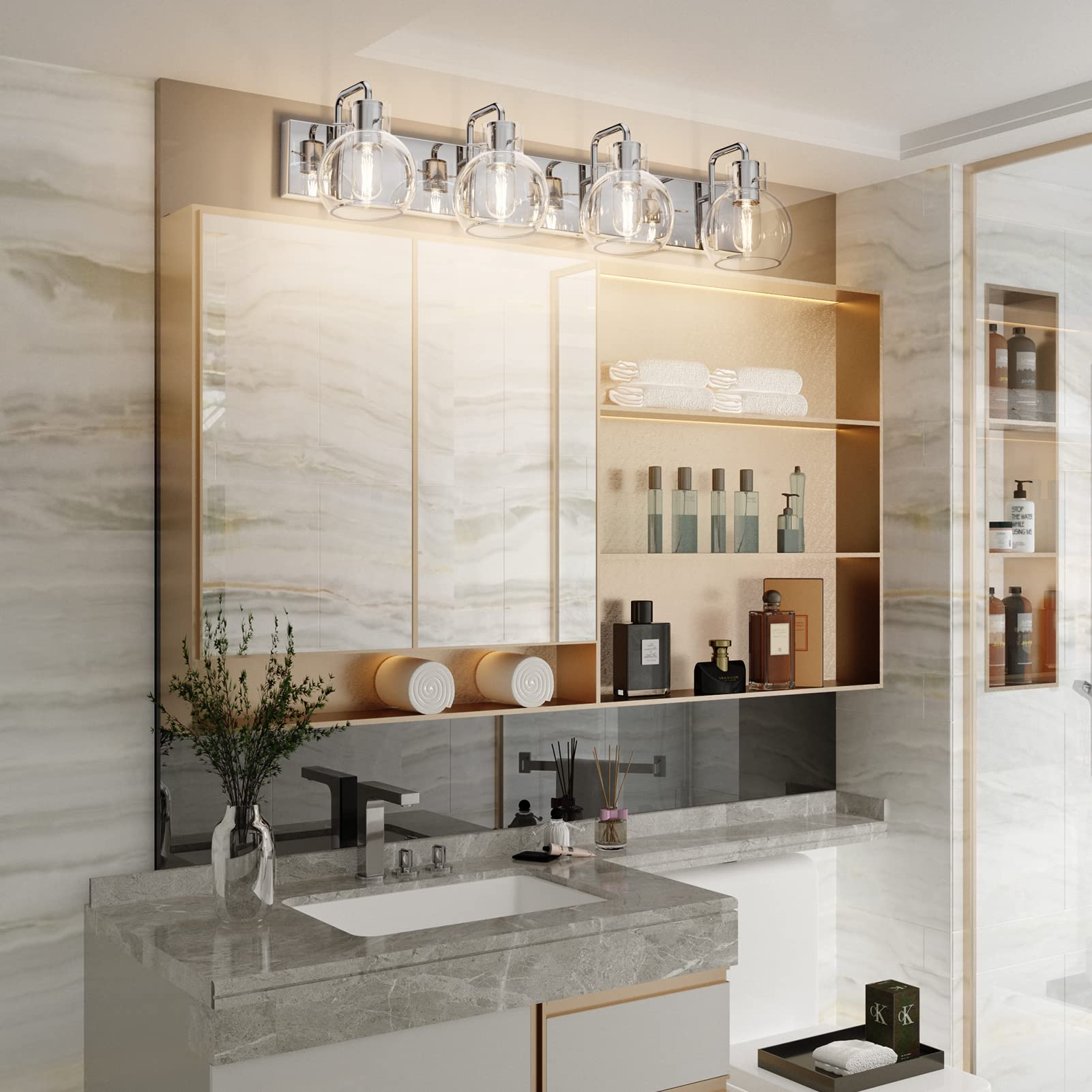 Tipace Chrome Bathroom Vanity Light Fixture, 4-Light Glass Globe, Stainless Steel, Model L-7491, Farmhouse Style
