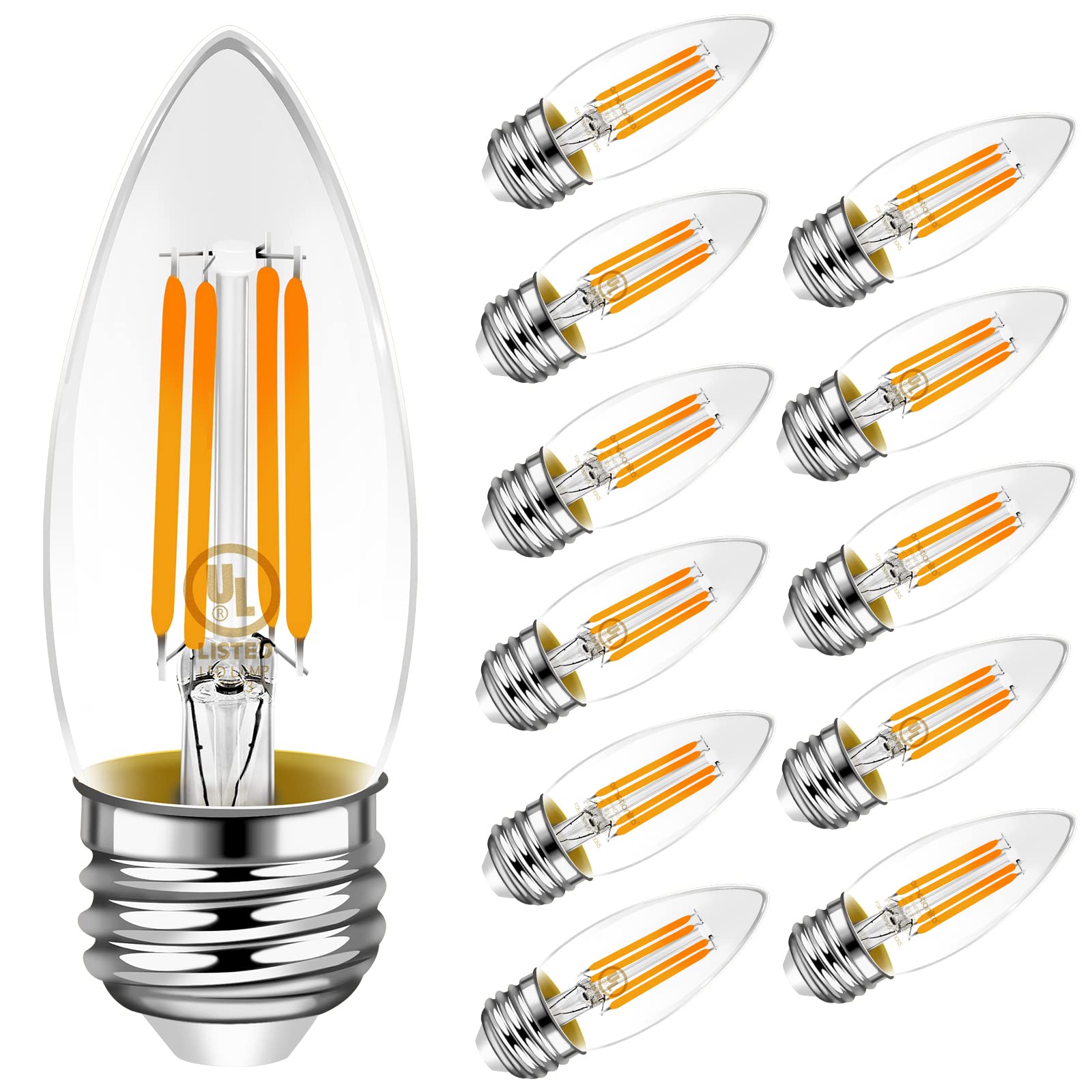 Emotionlite LED Light Bulbs, Dimmable Candelabra Bulbs, E26 Base, Warm White, Chandelier Light, Ceiling Fan Bulb, 40W Equivalent, 4W, 2700K, 350LM, UL Listed, 12 Pack