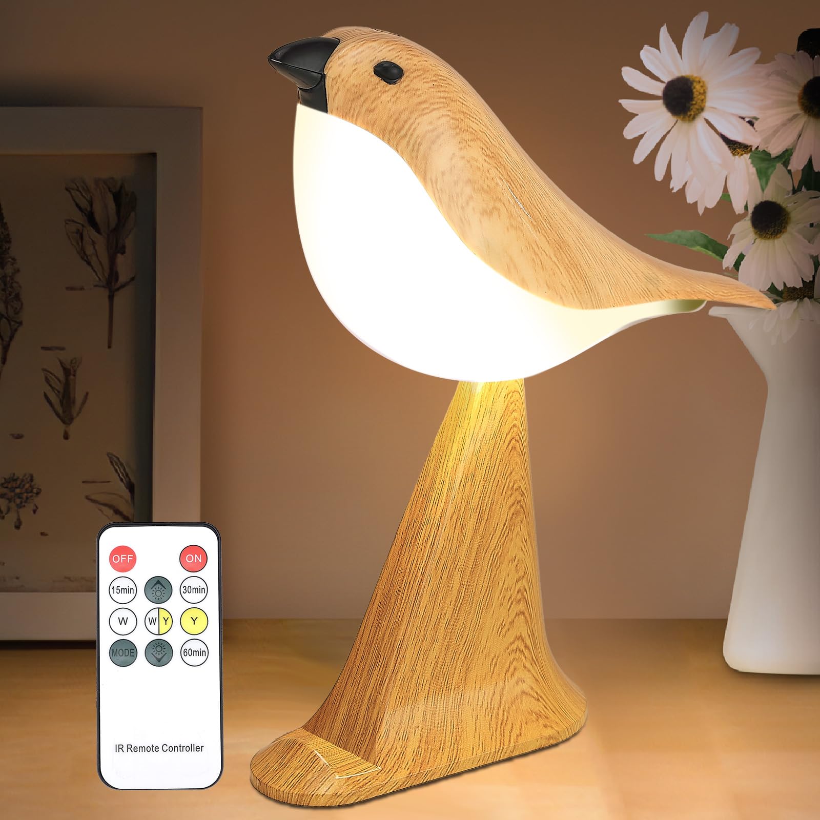 Small Cute Bird Table Lamp With Timer, Touch & Remote Control Bird Night Light, Cordless Bedside Lamps, Desk Lamp For Reading, 3