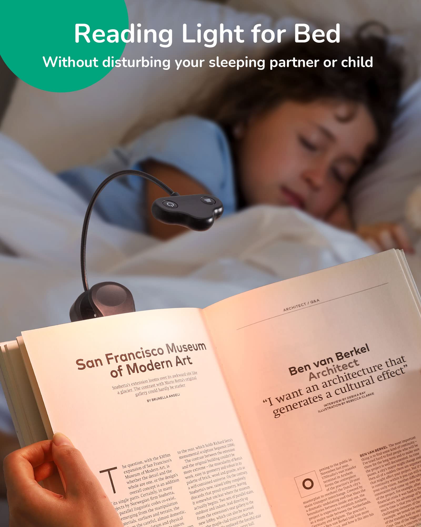EDISHINE Book Light, Portable Clip-on Lamp, 3 Color Modes, Stepless Dimmable, USB Rechargeable, Black, Model HBRL10B1