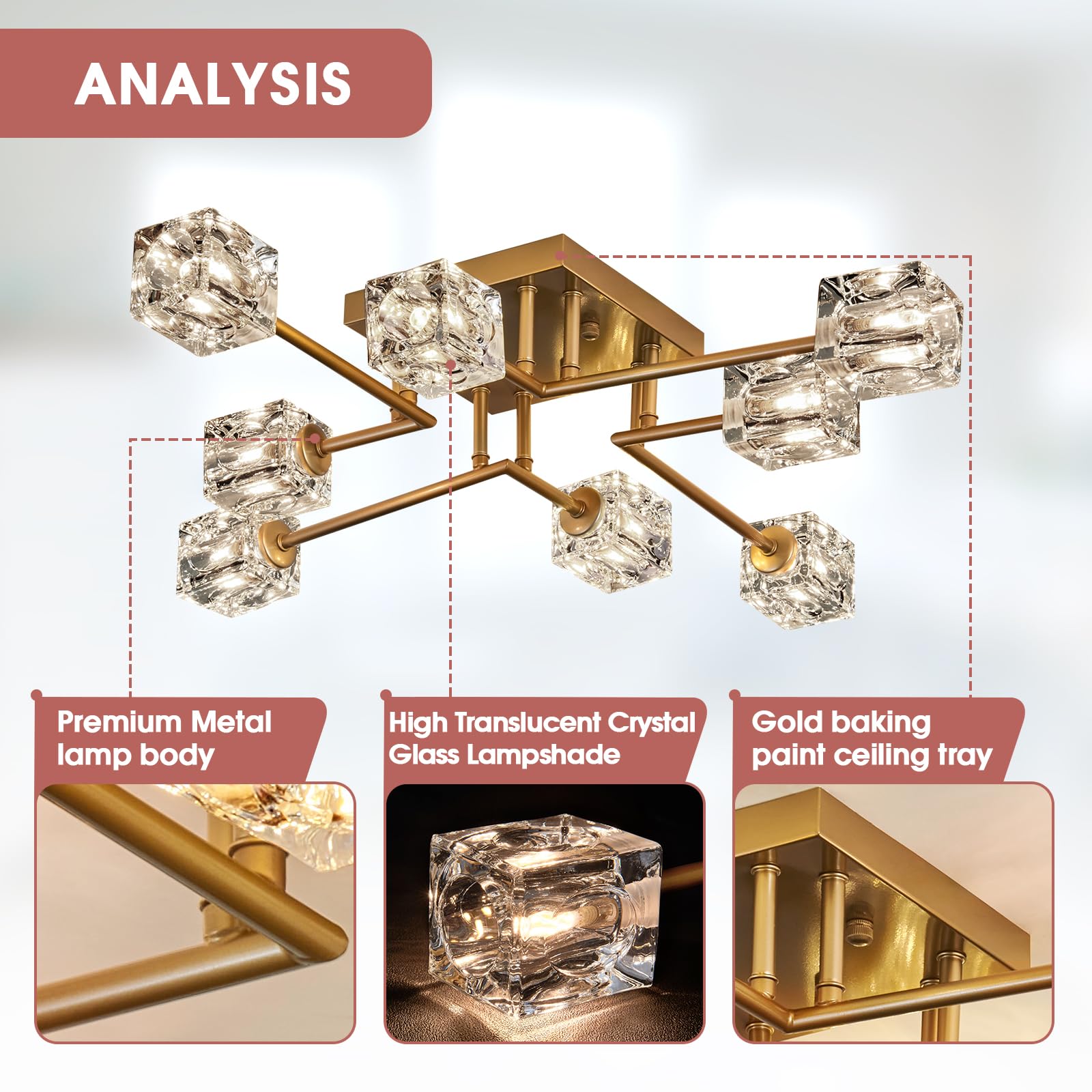 Qgiytp Vintage Gold Semi Flush Mount Ceiling Light 8-Light Glass Sputnik Chandeliers Mid Century Modern Crystal Ceiling Light Fi