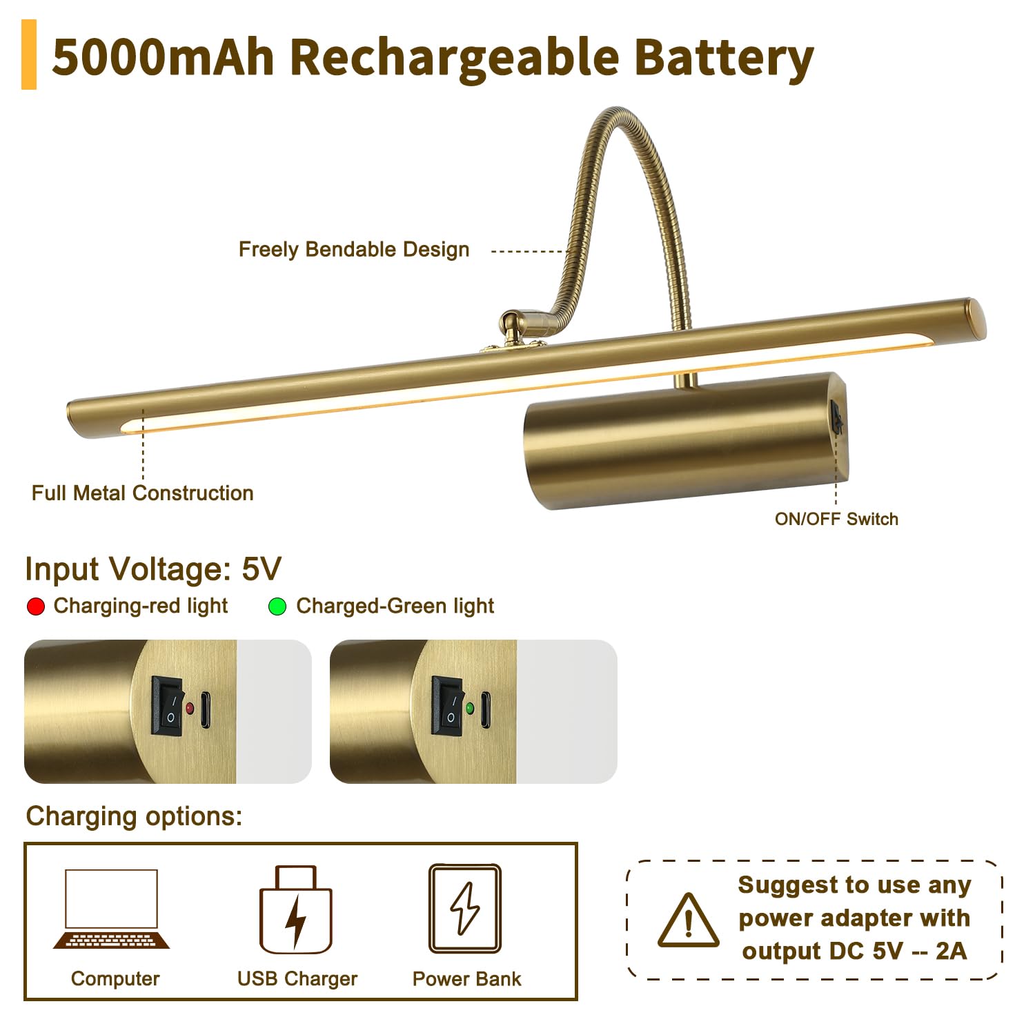 Joosenlux 16&quot; Battery Operated Brass Picture Light With Remote, Dimmable Art Display, Rechargeable