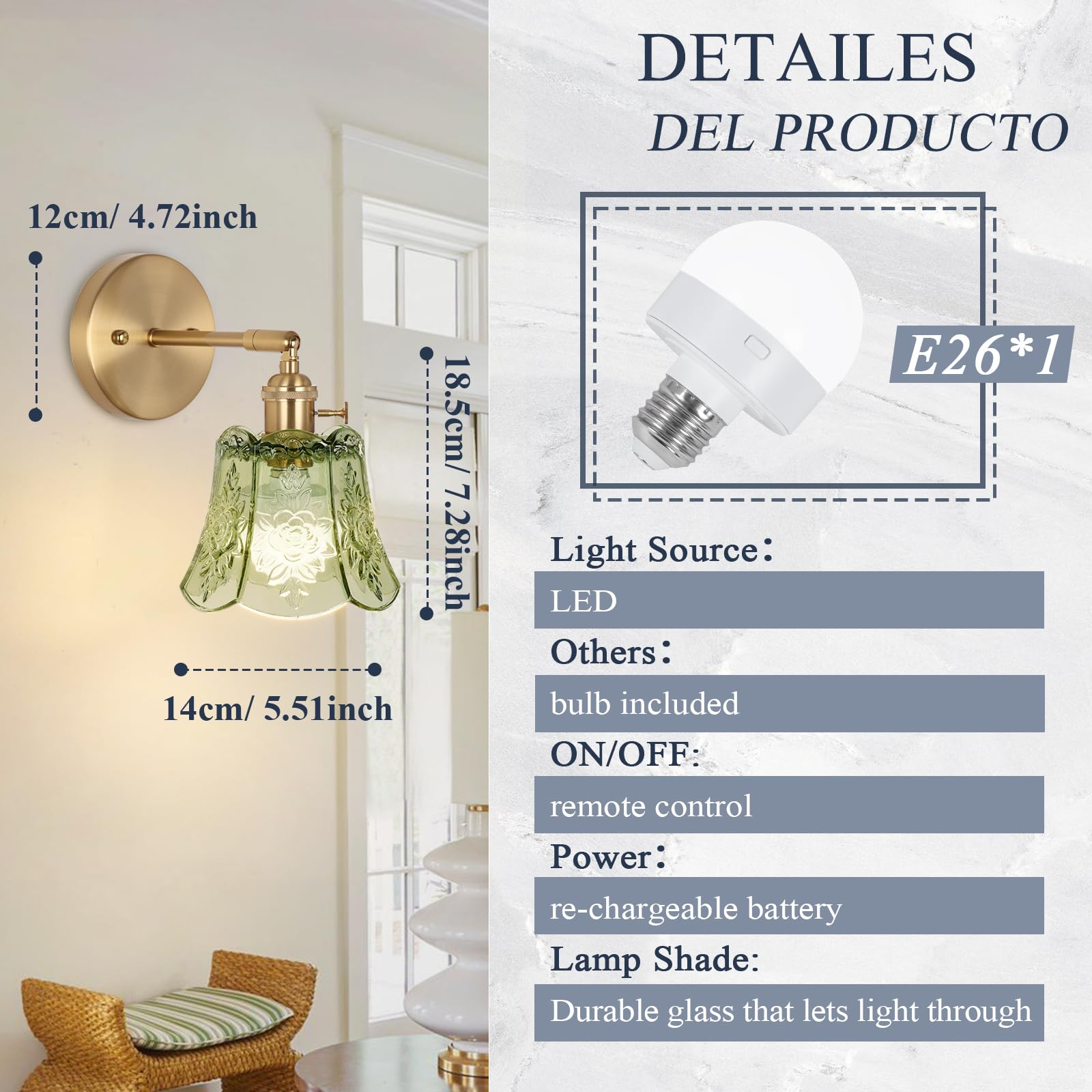 EIDEARAY Wireless Battery Operated Wall Sconce, RGB Dimmable LED Vintage Light, Deep Green, Glass for Bedroom, Living Room, Hallway