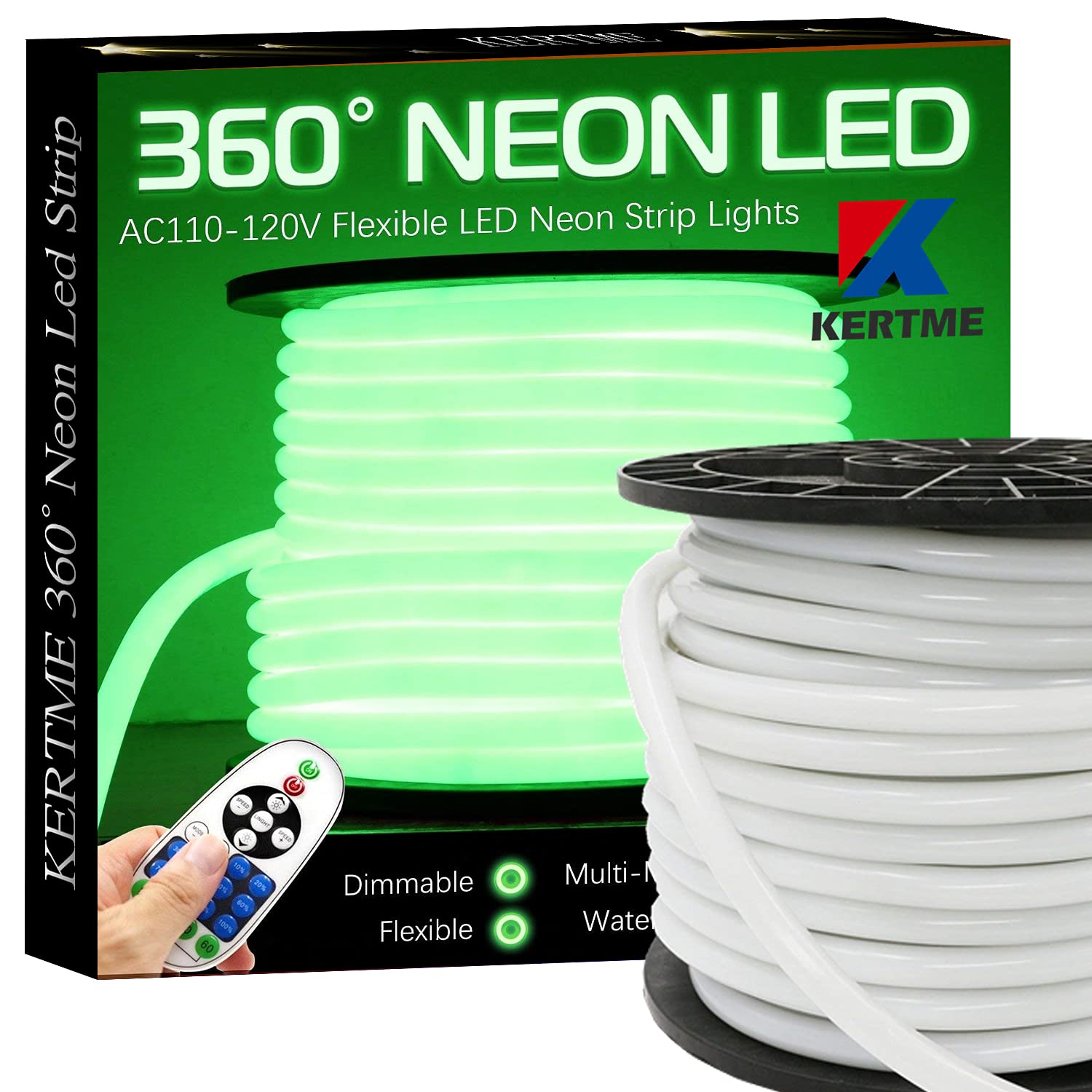 Kertme 360 Neon Led Type Ac 110-120V 360 Degree Neon Led Light Strip  Flexible/Waterproof/Dimmable/Multi-Modes Led Rope Light + Remote For Home/Garden/Building Decor (16.4Ft/5M  Green)