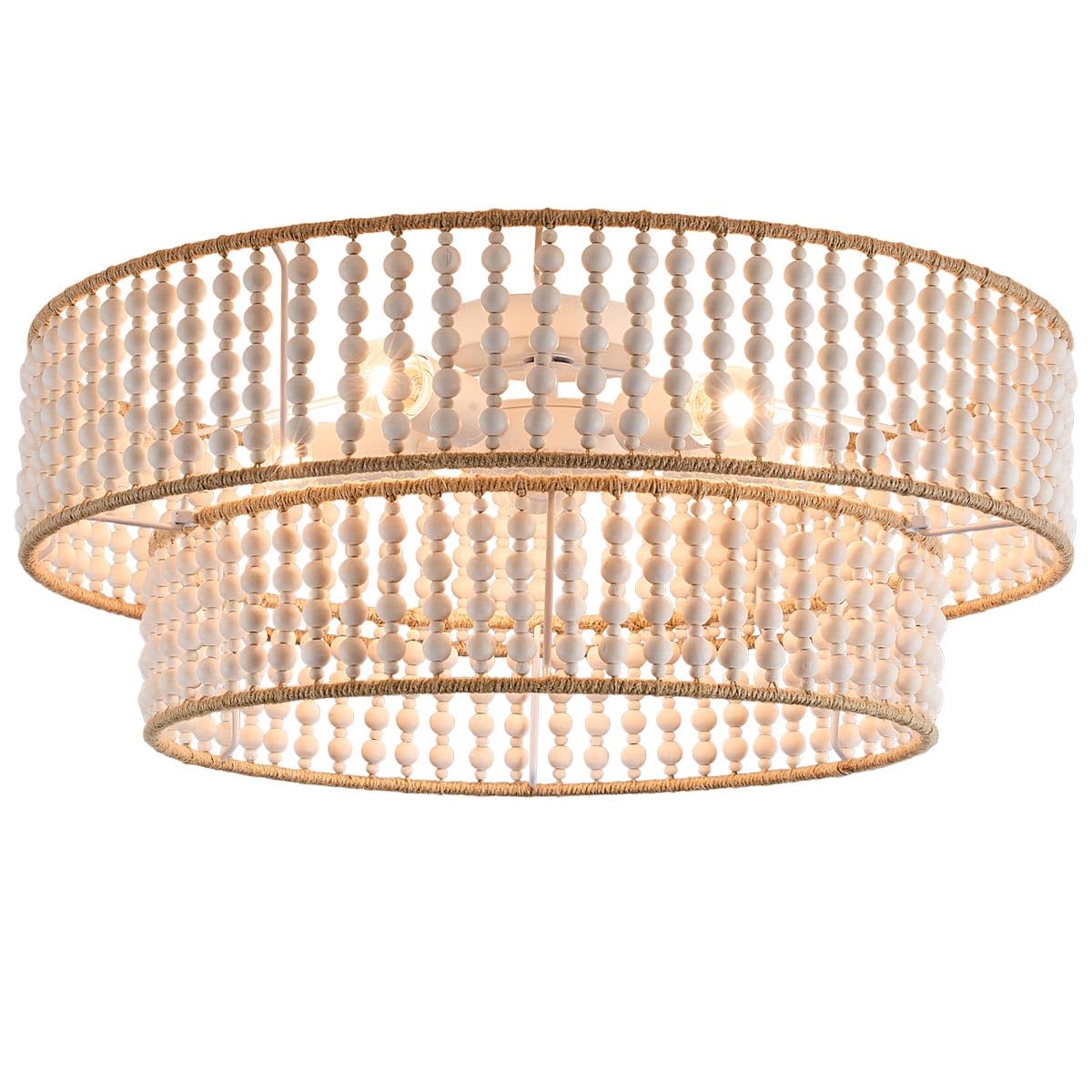 24 Boho Chandelier Light Fixtures 5 Lights Farmhouse Wood Beaded Drum Chandeliers Rattan Handed Woven Lighting for Dining Room Living Room Kitchen Bedroom