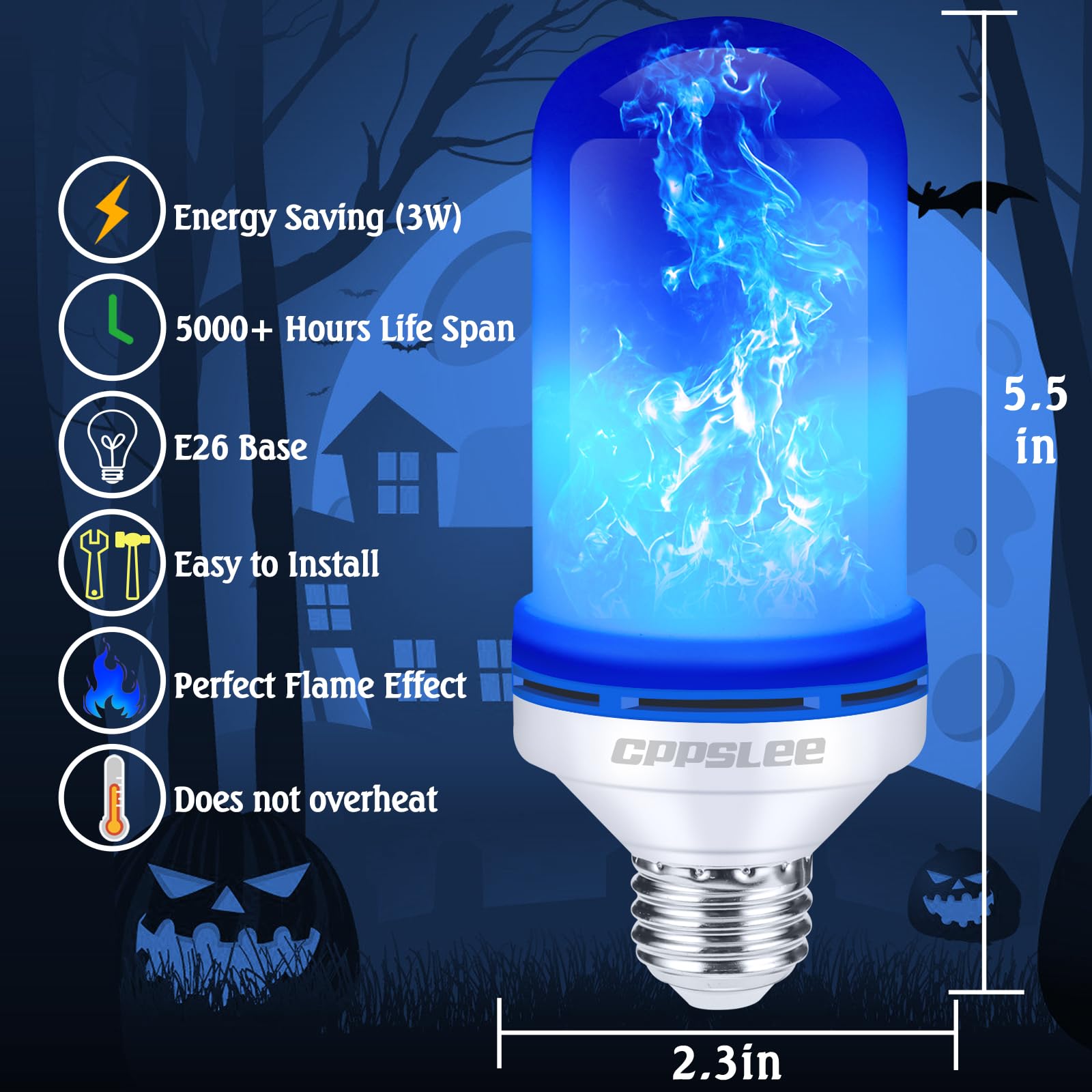 CPPSLEE LED Flame Light Bulbs, E26 Base, 4 Modes, 2 Pack, Blue, Ideal for Halloween Decorations