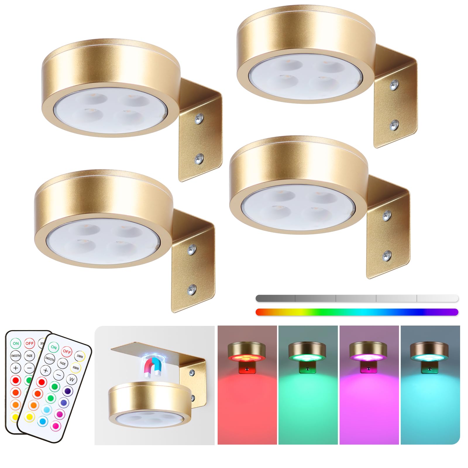 4-Pack Picture Light Battery Operated Painting Lights, 13 Color RGB Magnetic LED Display Art Light with Remote, Dimmable and Tim