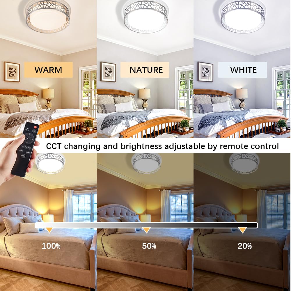 Vicnie Flush Mount Ceilling Light Fixture With Remote Control, 12 Inch 3000K-6500K Led Ceiling Lights,24W Brushed Nickel Ceiling