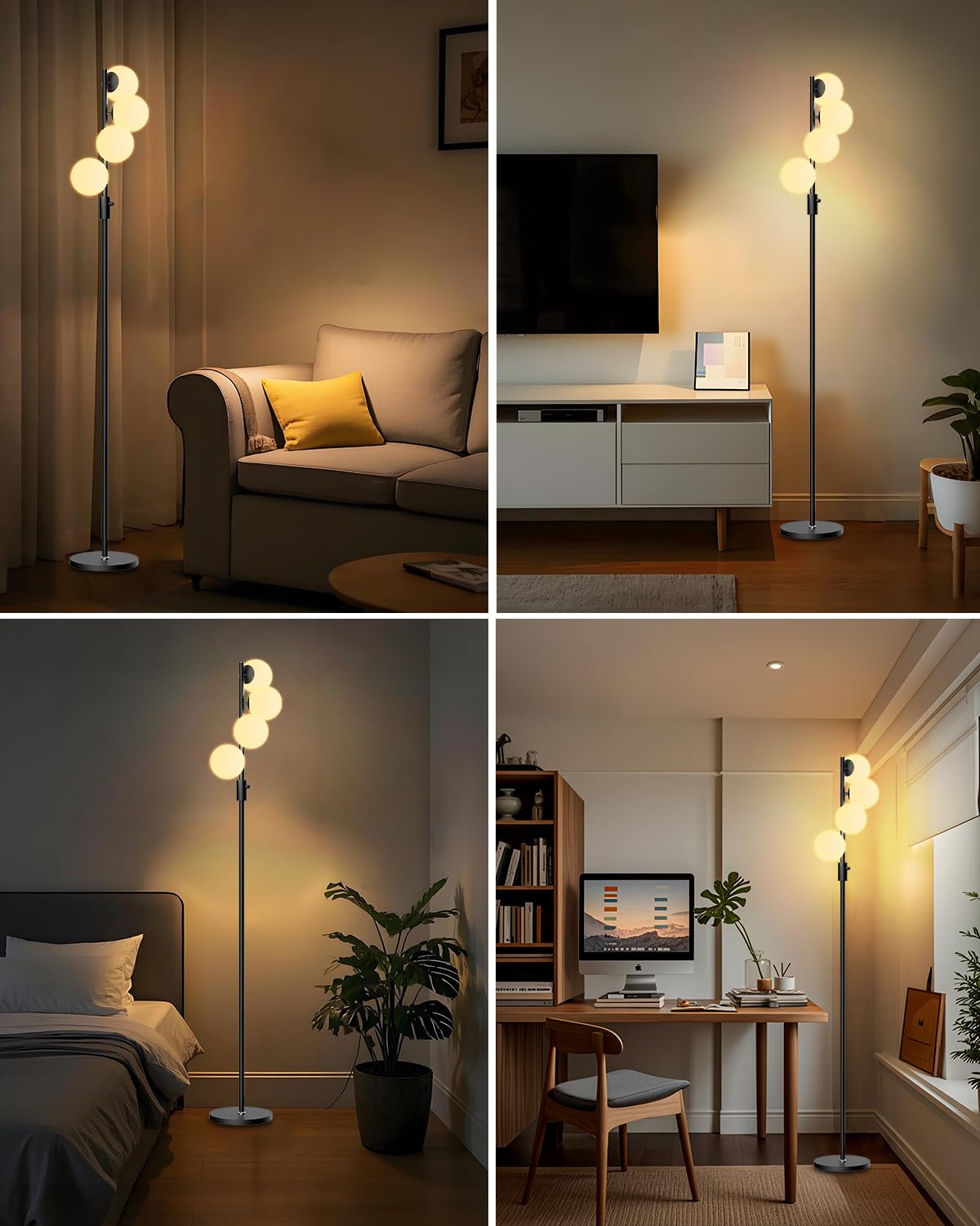 Acohook 64In Dimmable Black Floor Lamp, Tall Standing Lamps With 4 Globe Soft Warm White Eye Care 3000K G9 Bulbs, Mid Century Mo