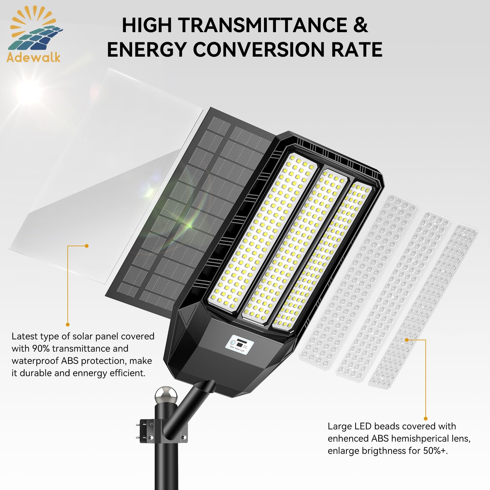 Adewalk 8000W Solar Street Light, Waterproof, Motion Sensor, Black, Model TW3002, 1 Pack