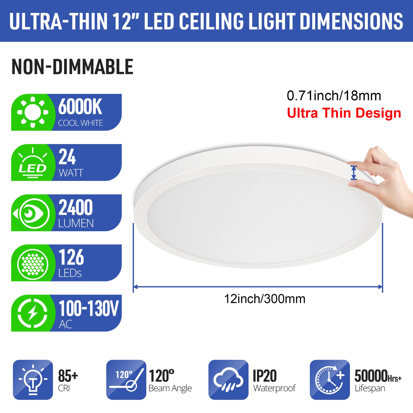 Sunrider 2-Pack Led Flush Mount Ceiling Light Fixture, 6000K Cool White, 2400Lm, 12 Inch 24W 240W Equiv. Round Flat Ceiling Ligh