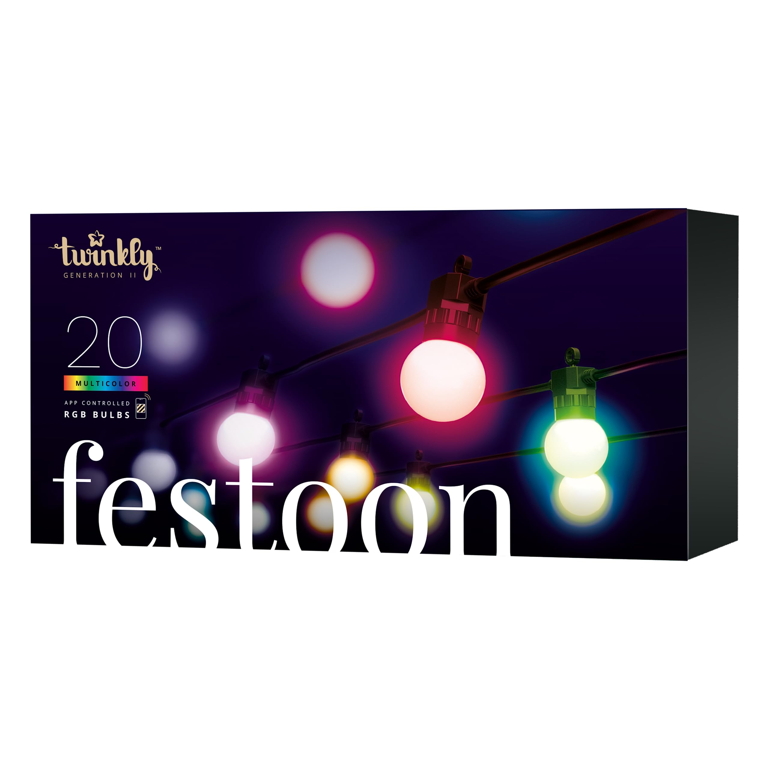 Twinkly Festoon 20 LED RGB, Light Chain with 20 LED Bulbs, Multicolor RGB Outdoor and Indoor Lights, Compatible with Alexa, Goog