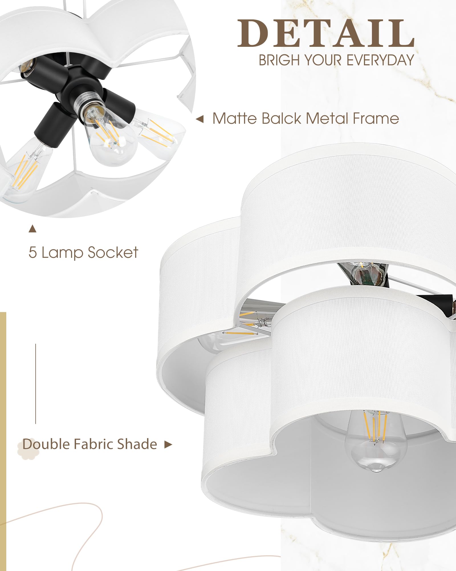 Audickic Black Semi Flush Mount Ceiling Lights, 5-Light 18'' Ceiling Light Fixtures With Double Fabric Drum Shade In Quatrefoil